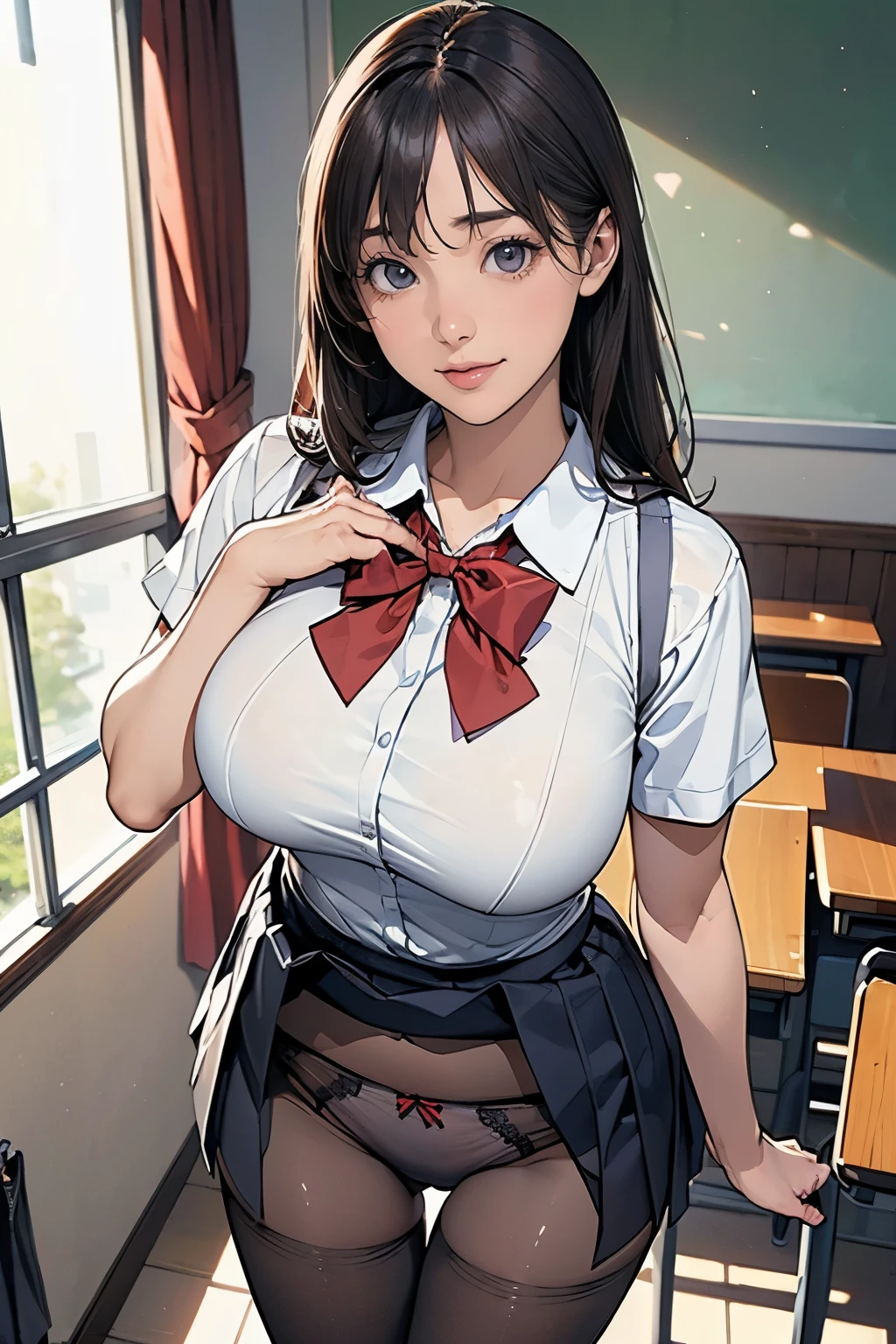 (masterpiece、highest quality)、Beautiful illustrations、Gazing at the viewer、Beautiful thighs、Front view、1 girl、Mature high school girl、A high school girl who looks 25 years old、Shiny skin、(Shoot Hair)、Big eyes、Long eyelashes、very tall、 Beautiful Hair、Beautiful Face、Beautiful Eyes、 Beautiful breasts、Beautiful thighs、Beautiful legs、Beautiful fingers、(((brown knit vest、Short sleeve white collar shirt、Navy Pleated Skirt)))、((Red bow tie))、(In the classroom)、Are standing、((smile))、(((((Skirt lift with both hands)))))、(((((Her black pantyhose are pulled down to reveal her white panties)))))