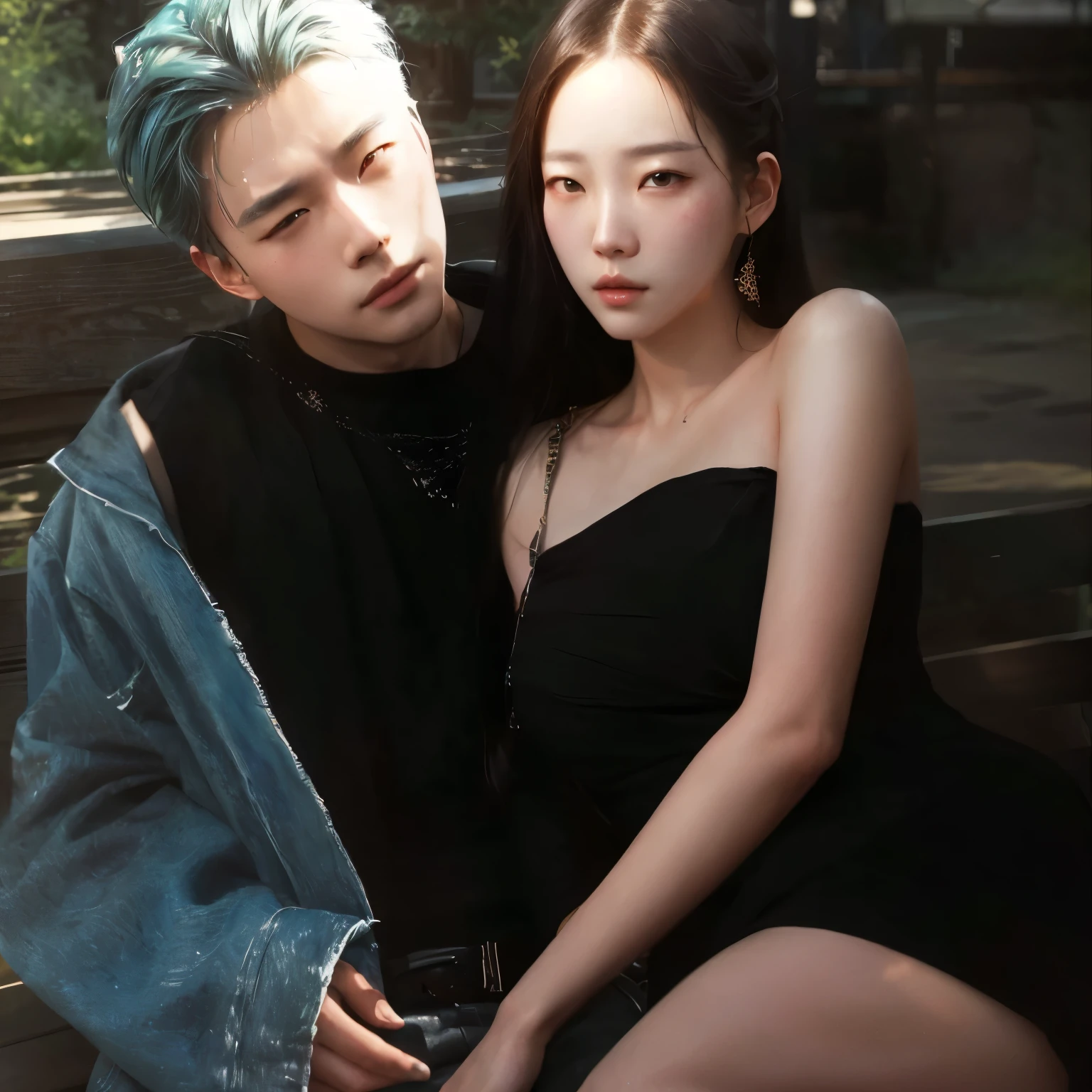 there is a man and woman sitting on a bench together, & jeehyung lee & wlop, artwork in the style of guweiz, inspired by Kim Deuk-sin, inspired by Yanjun Cheng, inspired by jeonseok lee, realistic artstyle, couple pose, loish and ross tran, ruan jia and brom, trending on cgstation, official fanart