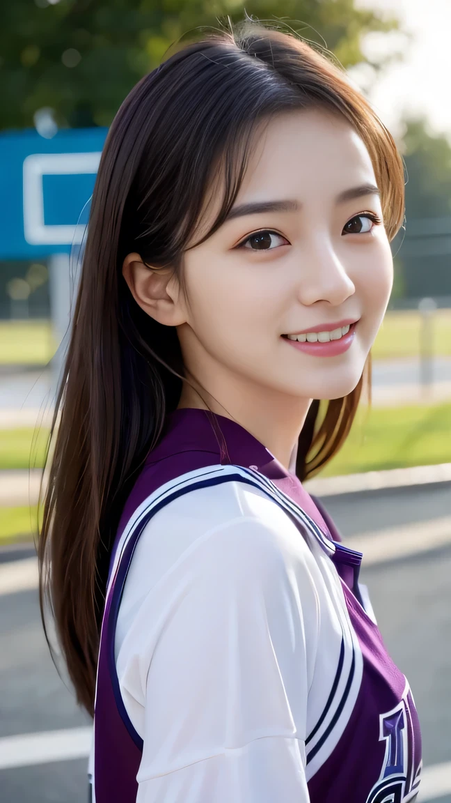 clothed、(photo real:1.4)、(Hyperrealistic:1.4)、(Realstic:1.3)、 (Smoother lighting:1.05)、(Improved lighting quality in movies:0.9)、32 k、 1GIRL、20 years old girl、Realistic Lighting、Backlit、Facial light、Ray Trace、(Brightening light:1.2)、(Increase quality:1.4)、 (Top Quality Real Texture Skin)、Fine eyes、finerly detailed face、 (Tired, sleepy and satisfied:0.0)、closeup on face、basketball uniform:1.3、 (Bodyline mood improvement:1.1)、Glossy skin、actress、korean idol、Nogizaka Idol、hposing Gravure Idol、Beautiful actress、Neat and clean woman、cute smiling,