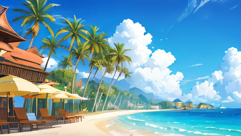 (masterpiece:1.2,highest quality),tropical seaside,Beach,Palm tree,hibiscus,((Ghibli style)),8k resolution