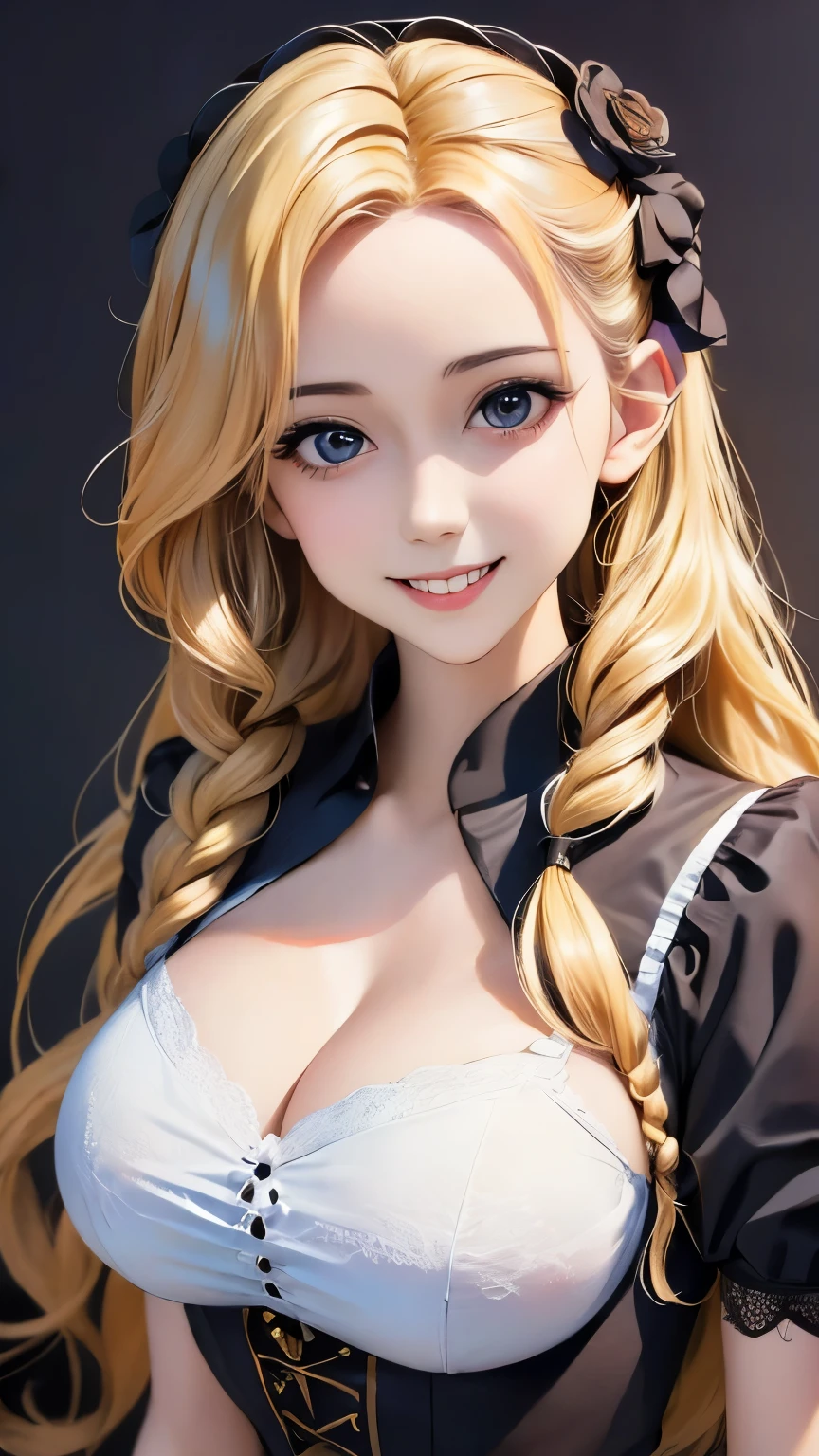 18 year old beautiful girl, big eyes, large breasts, and slender, 8K, top quality, (very detailed head: 1.0), (very detailed face: 1.0), (very detailed hair: 1.0), maid clothes, very detailed official artwork, anime moe art style, clean detailed anime art, smile, golden hair, smooth long hair