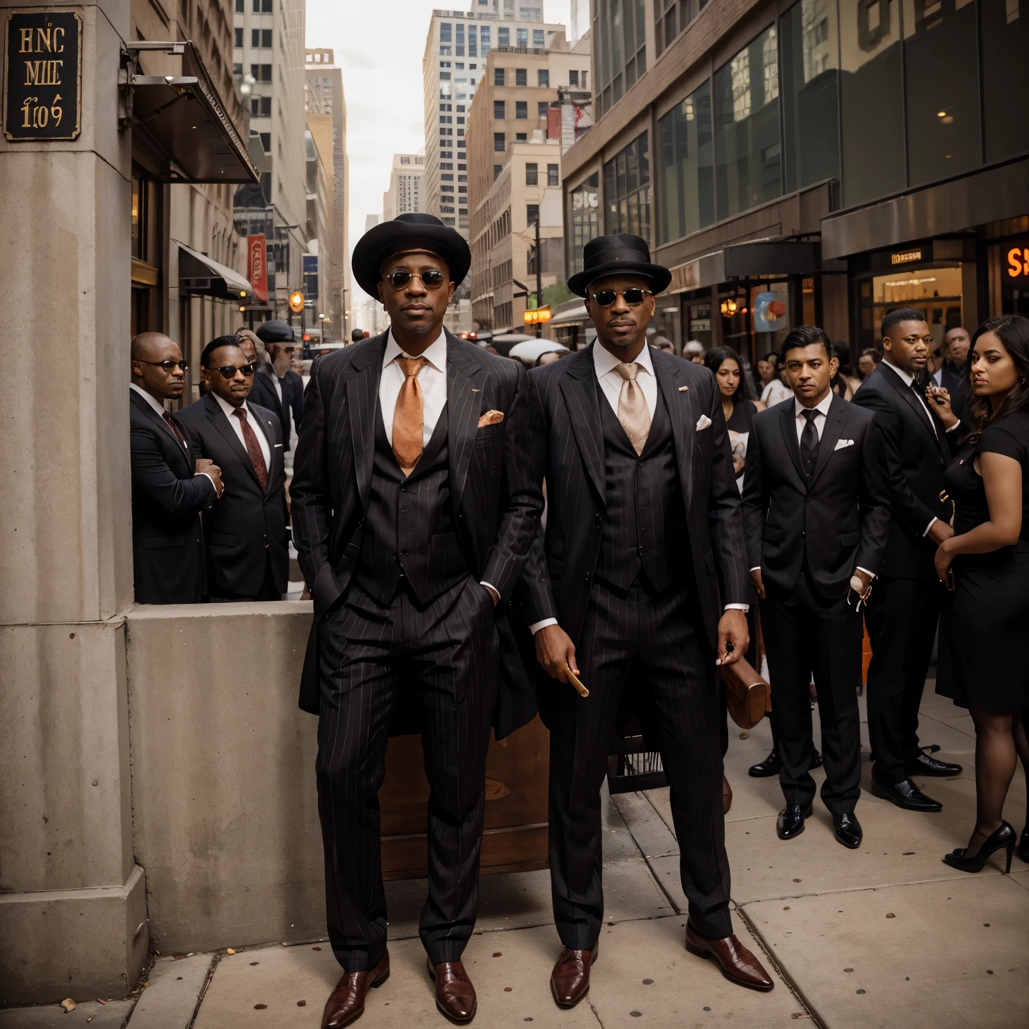 A Pimp in Chicago with a cane and cigar wearing a pinstripe suit posing for a picture surrounded by his hoes