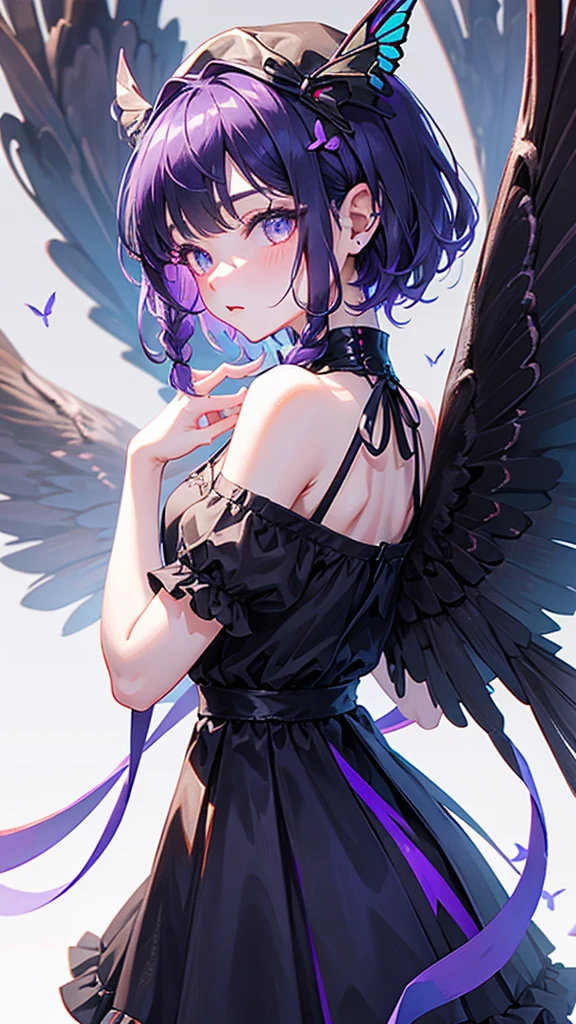 Loli，Dark purple short hair tied with a small braid，s eyes，Black conservative clothing and headwear，White butterflies around,There are black wings on the back