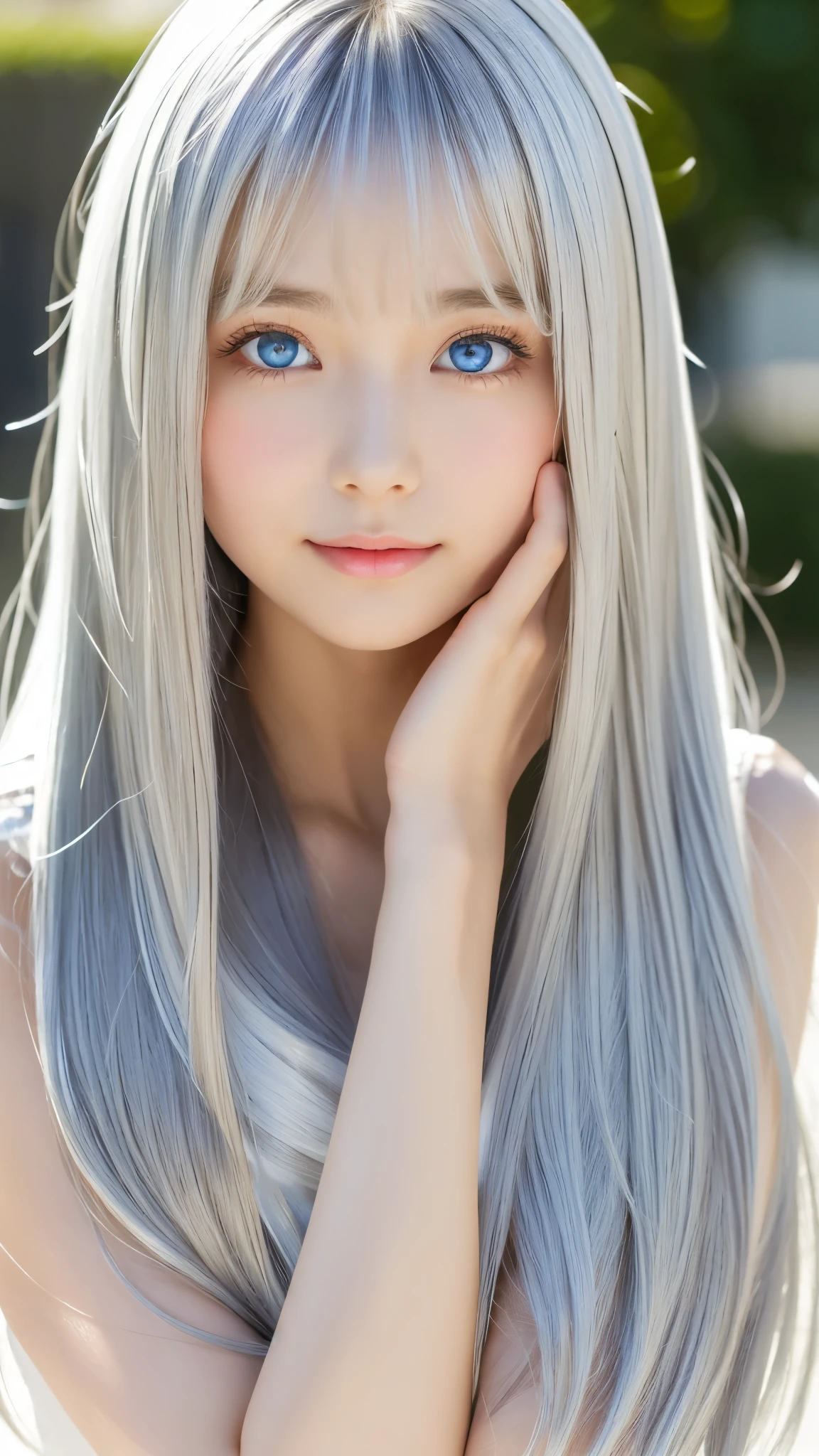 Shining, clear, white skin、Her windblown silver hair hides her beautiful face.、huge、Sexy beautiful face of 28 years old、Beautiful straight hair that stands out、growing up, Sparkling light blue eyes、Sexy long silky bangs covering the eyes, Sexy young woman with super long hair hiding her sexy face、Shining silver hair、(((Sexy Woman)))