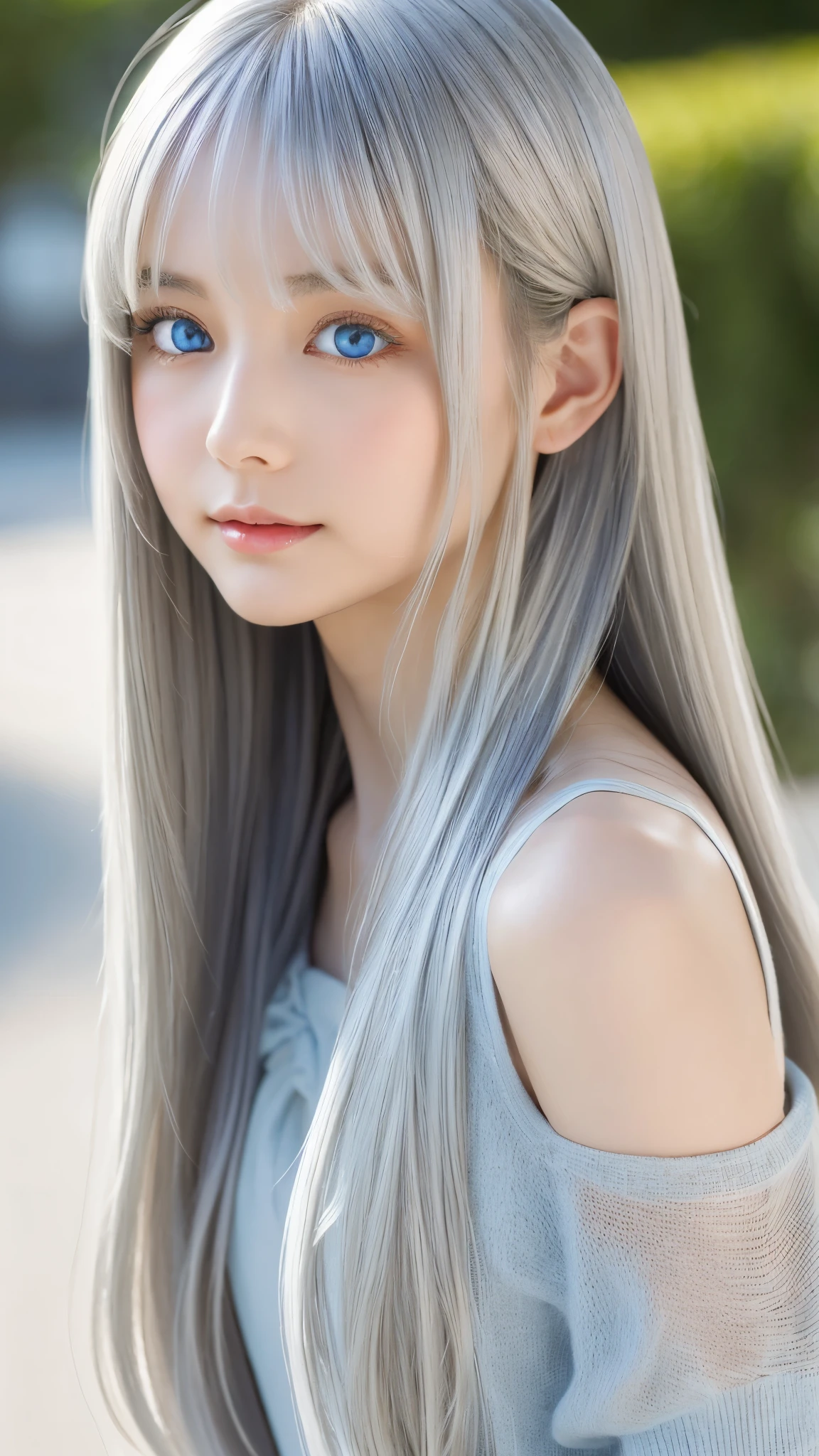 Shining, clear, white skin、Her windblown silver hair hides her beautiful face.、huge、Sexy beautiful face of 28 years old、Beautiful straight hair that stands out、growing up, Sparkling light blue eyes、Sexy long silky bangs covering the eyes, Sexy young woman with super long hair hiding her sexy face、Shining silver hair、(((Sexy Woman)))