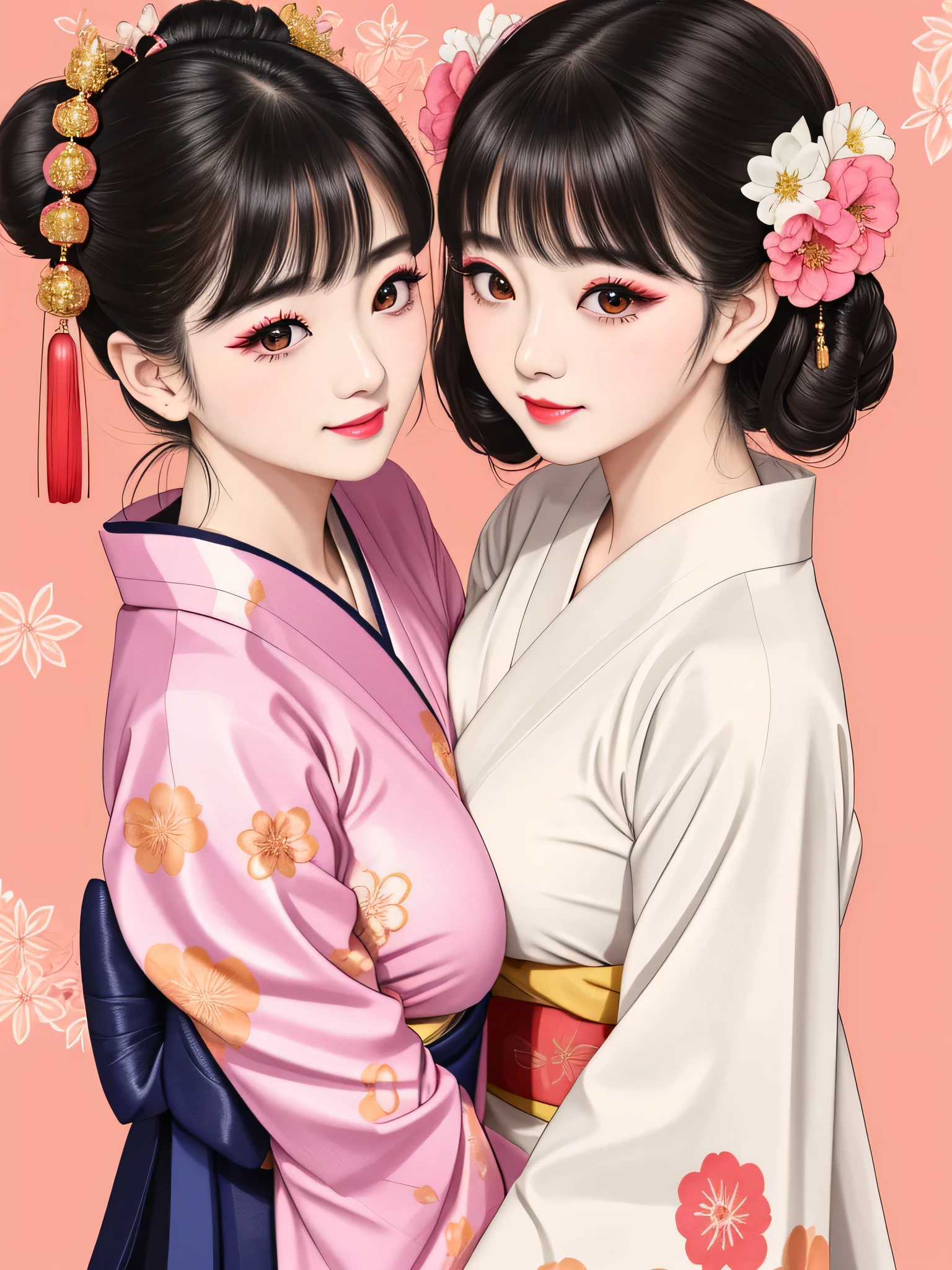 Each has a different expression2People and sisters、(2 girls)、⦅Dancing traditional arts with grace)、((Big Breasts、Small Face、Not exposed))、highest quality、masterpiece、(Black Hair、Bun Hair)、Brown Eyes、⦅Wide angle、Angle from above the waist、Pause on the magazine cover、Their gazes are different, gazing into the distance⦆、(8K High Quality、masterpiece、High resolution、Realistic and beautiful light and shadow、(highest quality)、(High Resolution)、(Very delicate and beautiful)、(Beautiful 8k face)、(With a smile、Beautiful eyes)、(Clear skin)、(Soft hair)、(8Head to Body)、(A Japanese style yukata kimono with red, pink and orange floral patterns on a white background, interspersed with gold powder、Wearing a yukata2Beautiful Japanese girls)、((Tanabata decoration background))、((Small Face))、(arms up)、Thin and small nose、(Red lipstick)、(Make your cheeks red)、(Glossy skin)、((Ink painting style))、Very thin eyebrows、Overall ultra-high image quality、(She is wearing maiko-style makeup.)、Whitening、Long and beautiful eyelashes、Glowing Skin、(Red cheeks),Straight nose、masterpiece、highest quality、whole body、 Eyebrows visible through hair、Bun Hair、Grin、Gal、Gal、Viewer's Eyes、Plaid、Stylish、woman、fine、Pause、
Waiting to start