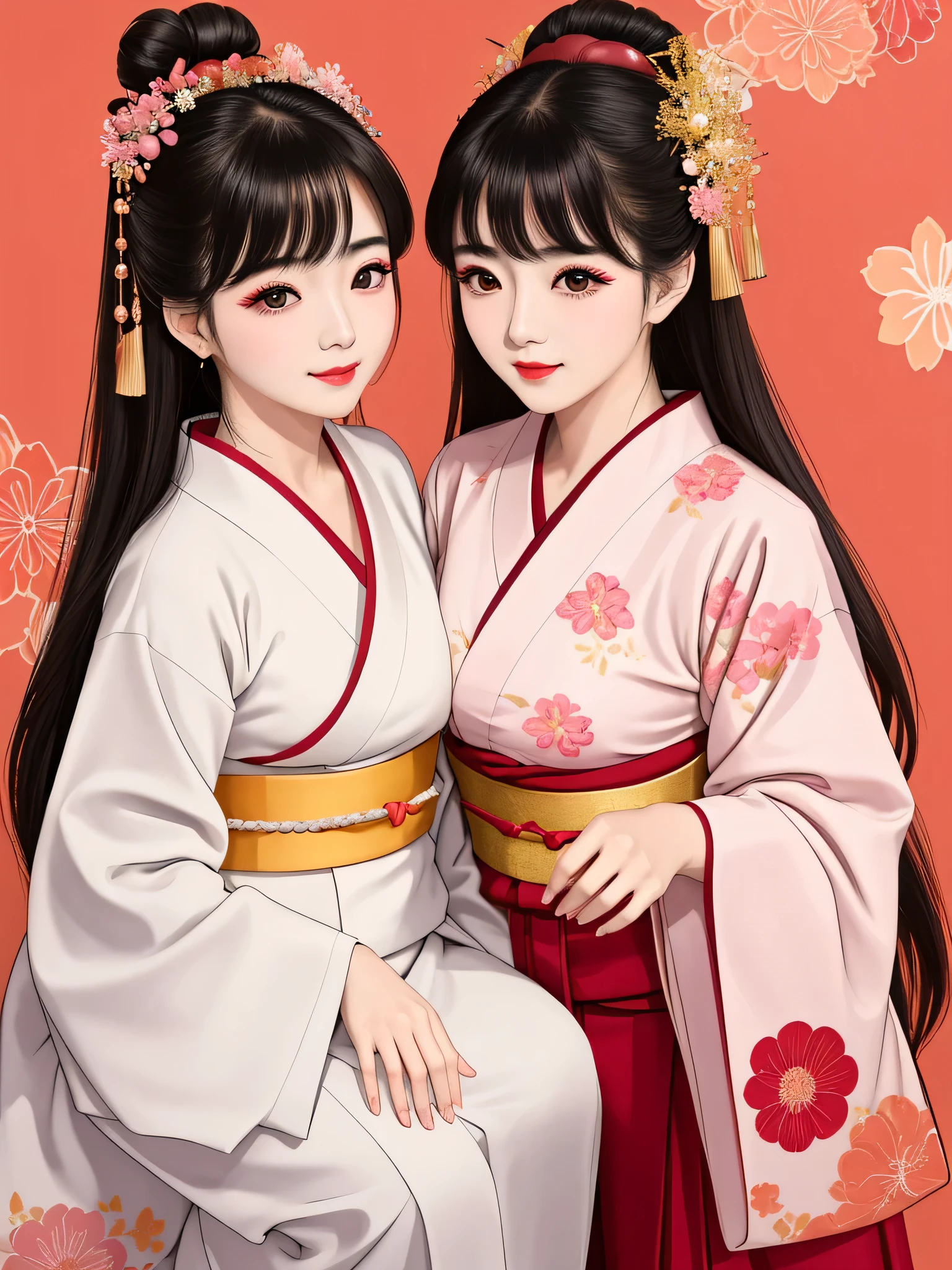 Each has a different expression２People and sisters、(２ girls）、｟Dancing traditional arts with grace)、((Big Breasts、Small Face、Not exposed))、highest quality、masterpiece、（Black Hair、Bun Hair）、Brown Eyes、｟Wide angle、Angle from above the waist、Pause on the magazine cover、Their gazes are different, gazing into the distance｠、(８K High Quality、masterpiece、High resolution、Realistic and beautiful light and shadow、(highest quality)、(High Resolution)、(Very delicate and beautiful)、(Beautiful 8k face)、(With a smile、Beautiful eyes)、(Clear skin)、(Soft hair)、(８Head to Body)、(A Japanese style yukata kimono with red, pink and orange floral patterns on a white background, interspersed with gold powder、Wearing a yukata２Beautiful Japanese girls)、((Tanabata decoration background))、((Small Face))、(arms up)、Thin and small nose、（Red lipstick）、（Make your cheeks red）、（Glossy skin）、((Ink painting style))、Very thin eyebrows、Overall ultra-high image quality、（She is wearing maiko-style makeup.）、Whitening、Long and beautiful eyelashes、Glowing Skin、（Red cheeks）,Straight nose、masterpiece、highest quality、whole body、 Eyebrows visible through hair、Bun Hair、Grin、Gal、Gal、Viewer&#39;s Eyes、Plaid、Stylish、woman、fine、Pause、
Waiting to start 
