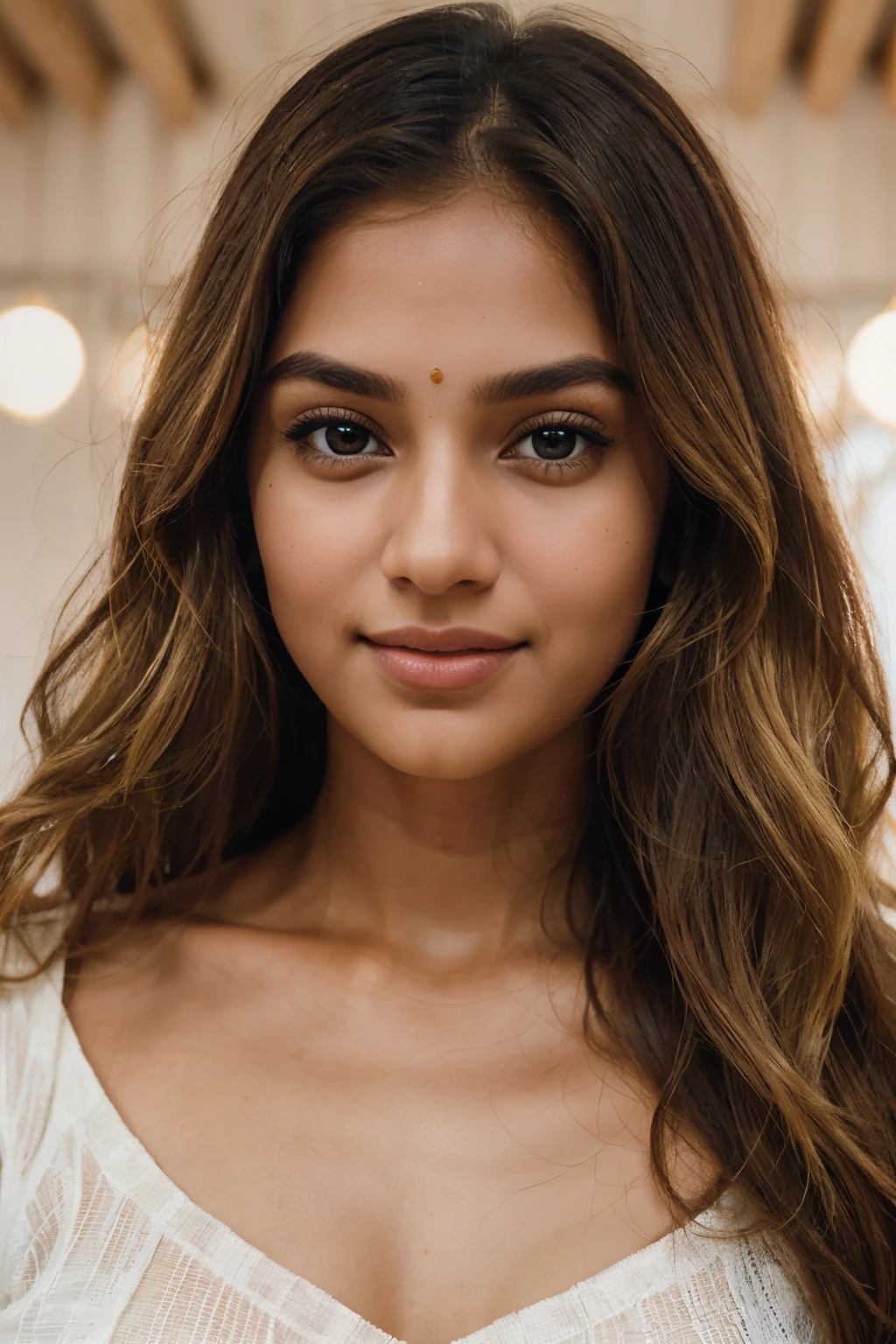 The face of an Indian woman with fair skin and brown-blonde hair. She has striking almond-shaped eyes, a straight, delicate nose, and full lips that curve into a gentle smile. Her brown-blonde hair frames her face in soft waves, with subtle highlights that catch the light. Her eyebrows are well-defined, accentuating her expressive eyes, and her complexion is clear and radiant, reflecting her natural beauty.