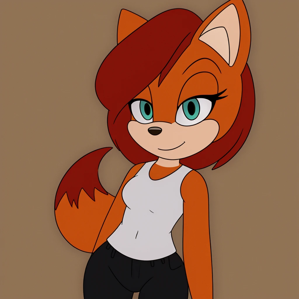 furry female, green eyes, black pants, short hair, sleeveless shirt, red hair, bangs, orange fur, blue eyes, fox mobian, toned, white shirt, black pants