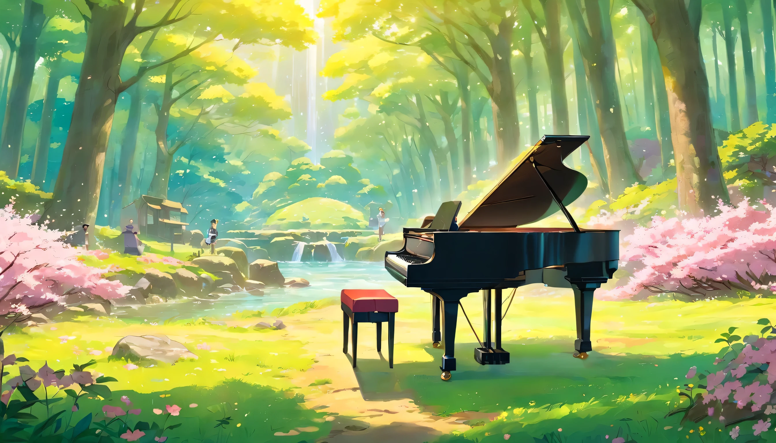 A piano in the middle of the woods near a river、It's raining softly、Colorful flowers are blooming、Rows of cherry blossom trees in full bloom、Only a grand piano in the forest