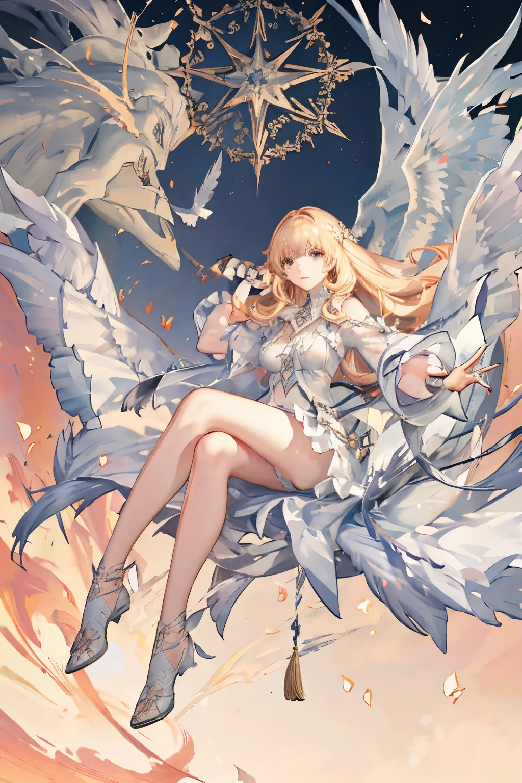 1 Girl, Medium breasts, Blonde hair, Long hair, curls, Gray eyes, White feather wings, Angel, outdoor, , Necklace, 