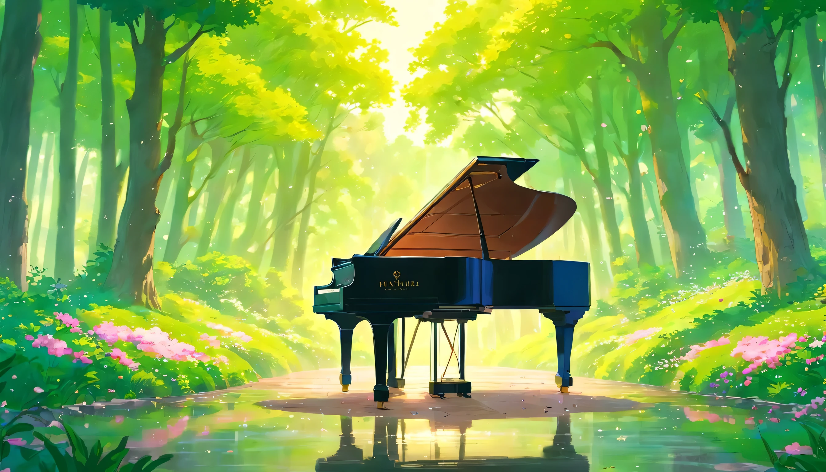 A piano in the middle of the woods near a river、It&#39;s raining softly、Colorful flowers are blooming、Rows of cherry blossom trees in full bloom、Only a grand piano in the forest