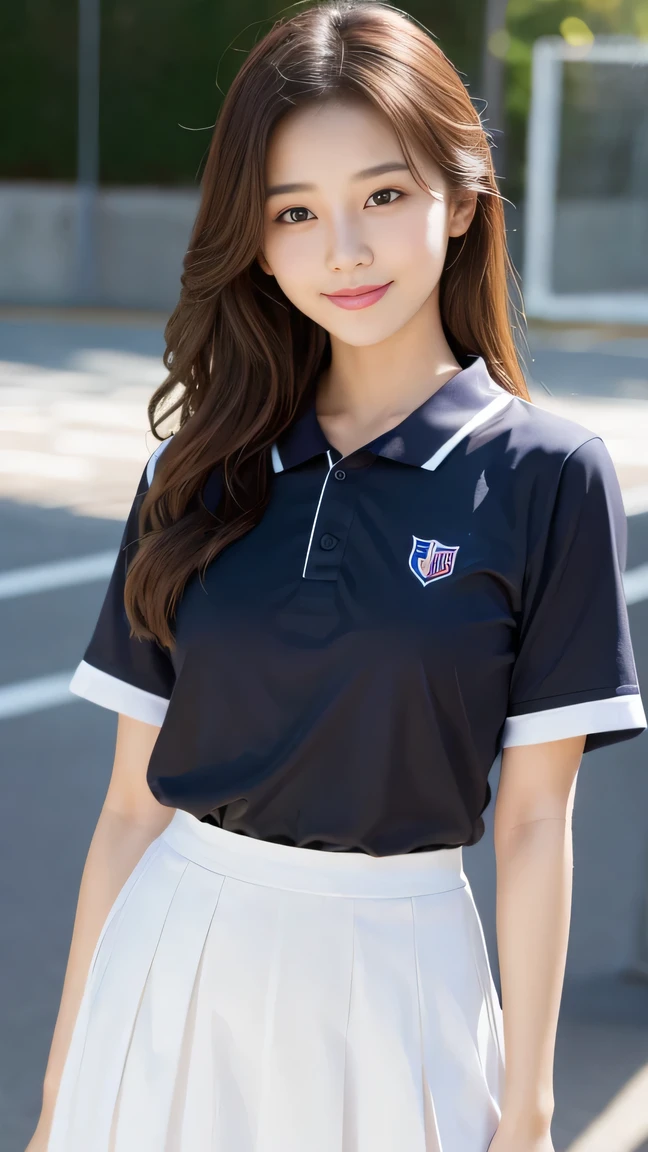clothed、(photo real:1.4)、(Hyperrealistic:1.4)、(Realstic:1.3)、 (Smoother lighting:1.05)、(Improved lighting quality in movies:0.9)、32 k、 1GIRL、20 years old girl、Realistic Lighting、Backlit、Facial light、Ray Trace、(Brightening light:1.2)、(Increase quality:1.4)、 (Top Quality Real Texture Skin)、Fine eyes、finerly detailed face、 (Tired, sleepy and satisfied:0.0)、、sleevless basketball uniform:1.3、 (Bodyline mood improvement:1.1)、Glossy skin、actress、korean idol、Nogizaka Idol、hposing Gravure Idol、Beautiful actress、Neat and clean woman、cute smiling, the whole body is directed in the direction of the viewer,
