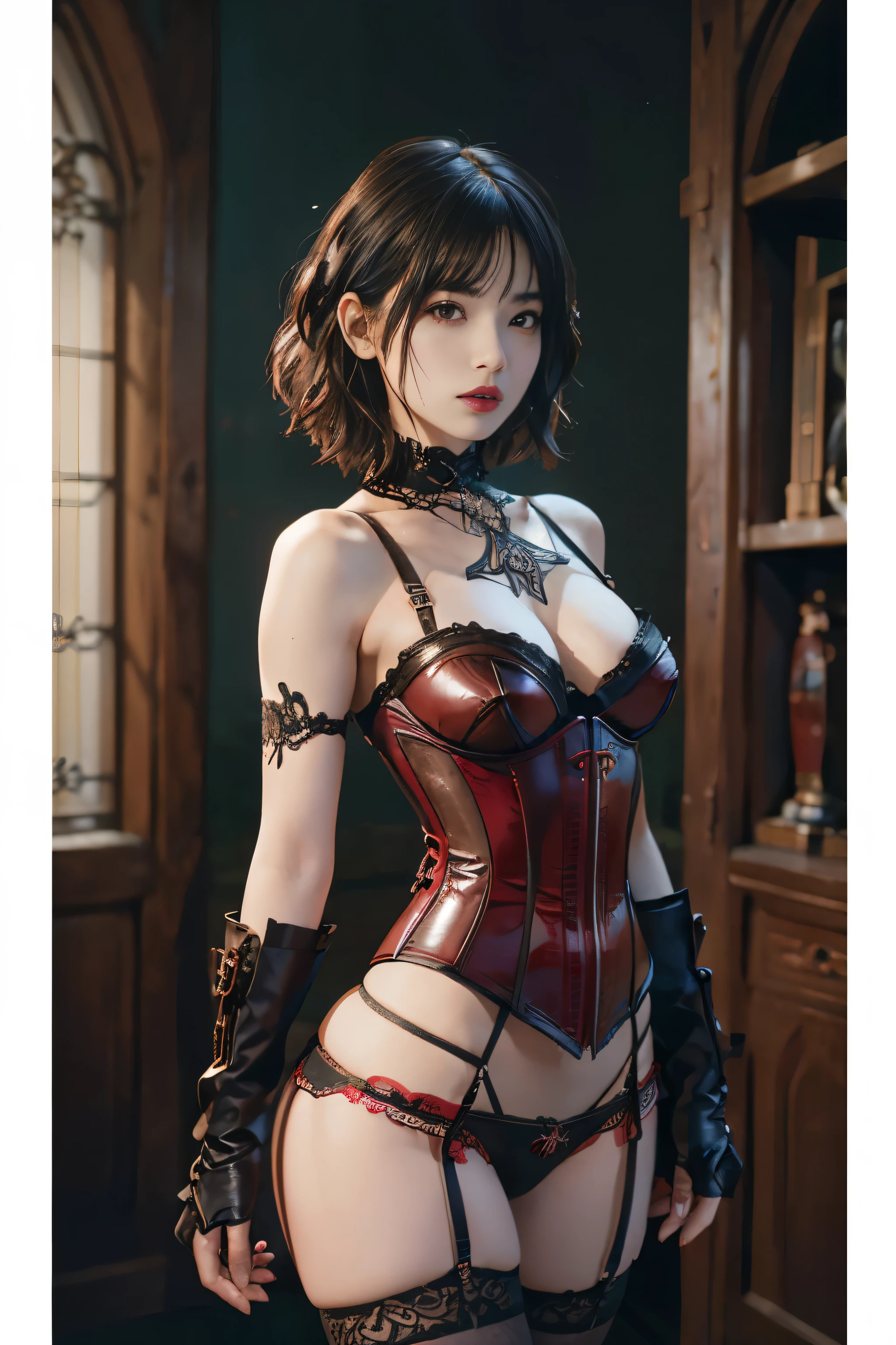 highest quality, masterpiece, Ultra-high resolution, (Reality: 1.9), (((Absolute full-length image,Front view))),Japan Maiden 、 ((Ultra-Realistic Details)) 、 Portrait 、 Global Illumination 、 Shadow 、 Octane Rendering 、 In 8K 、 Ultra Sharp 、 ( Crimson leather corset and panties、garter belt)、 ((Bondage meets goth)) 、Intricate decorative details 、 Cool colors 、 Very intricate detail 、 Realistic Light 、 CG Trends、Sparkling Eyes、Facing the camera、short chestnut hair、Small breasts、Full body upright pose、back、The background is the cathedral