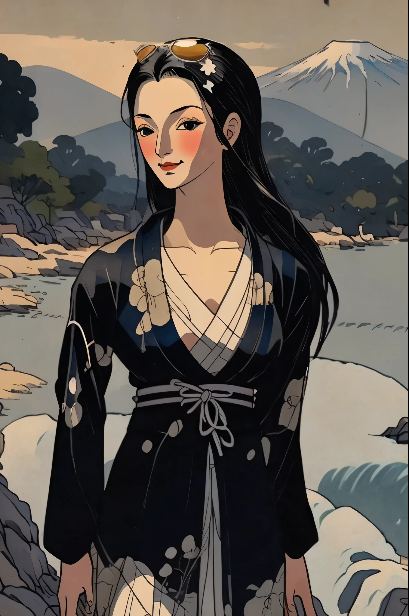 masterpiece, best quality, japanese ukiyo-e:1.2, in hokusai style, a beautiful 20s french model, ultra detailed face