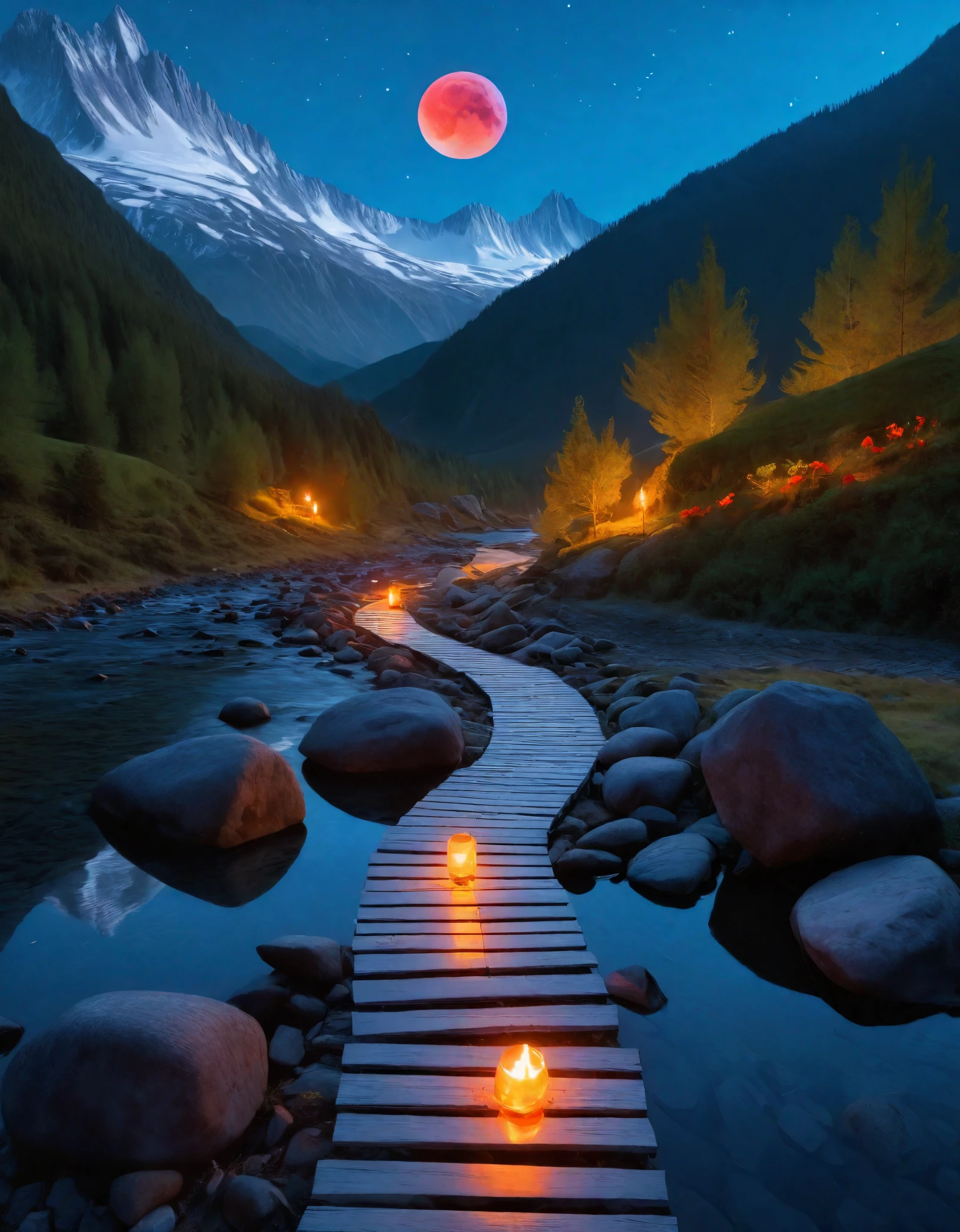 A cinematic digital painting of a nightscape depicting a strange and beautiful landscape by night. The scene includes a red moon, peak mountains, trees, strange vegetation, rocks, and a river of blood. Stars twinkle in the sky, and a path winds through the scene. A stranger, eerie walker or passenger is present, and a sacrificial ceremony is being conducted with fire on the ground, accompanied by glowing effects. The atmosphere is dark and atmospheric. The image is captured in a cinematic shot, resembling a film scene. It has sharp focus, vivid contrast, and fine details, with clear lines and HDR for enhanced realism. The composition is perfect and beautiful, showcasing the best quality and intricate details. The image is highly detailed and professional, suitable for a resolution of 2K, 4K, or 8K. Reflections are present, and the overall resolution is high, ensuring a high-resolution and high-quality visual experience.