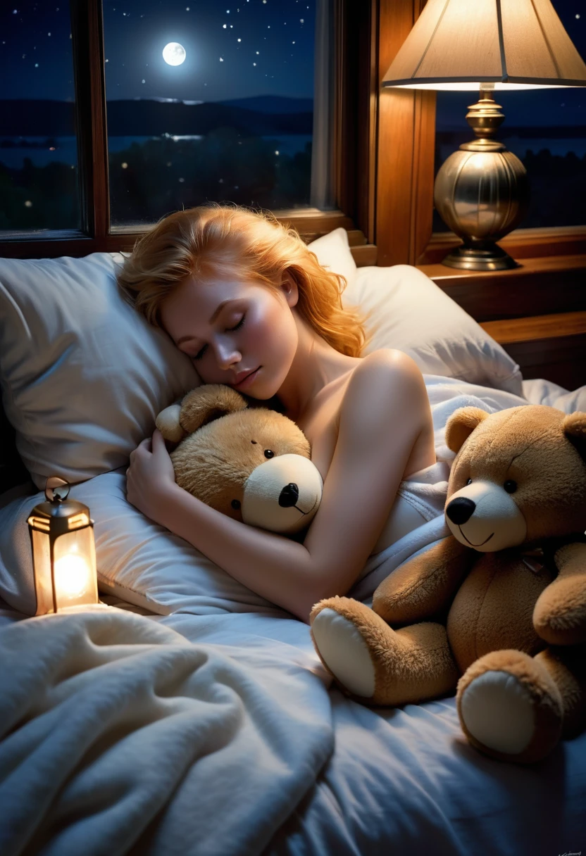 Cute girl, 18,blonde or redhead, lying in bed, sleeping on her side, head on pillow, blankets tucked in legs, nude , ((cuddling a teddy bear)) , bear under arm, bear cuddling breast, low light level, dark scene, moonlight through window,, night, seductive, high quality photography, masterpiece, ultra high resolution, photorealistic