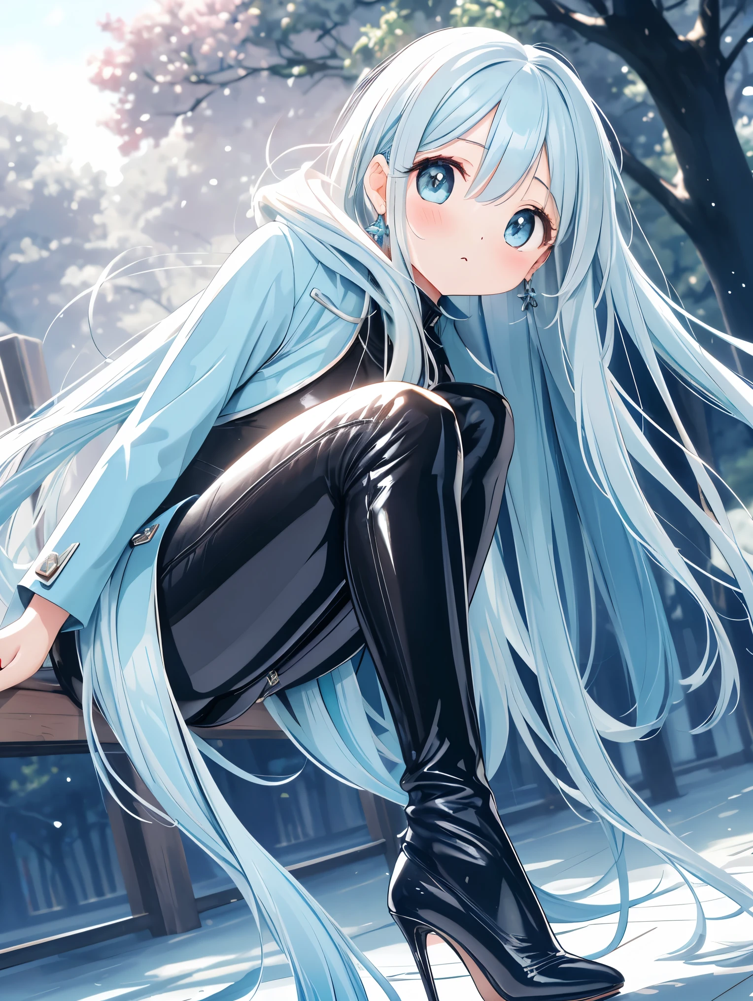(ultra-intricate pupil in eyes, shiny eyes), long eyelashes, double eyelids, parted lips, kawaii, cute, , slender, (ultra delicate and beautiful skin), , perfect anatomy, dynamic angle, BREAK (masterpiece, best quality), (ultra-detailed 8K), (perfect design), absurdres, highres, ((blush)), (super fine illustration), (((((light blue long hair))))), , long hair ((blush)), masterpiece, best quality, (amazing,blunt bangs),((( 1 girl))),,,, (1girl, solo, alone), ((solo, (1woman, , ), Extremely detailed, ambient soft lighting, 4k, perfect eyes, a perfect face, perfect lighting, a 1girl)), , ((boots focus、leather outfit, black jacket, leather pants, leather pants, tight suit, bright outfit, high heels, black high heels, nature, trees, bushes, blue sky, clouds, earrings))、foot focus,Red black high stiletto heels、full body ,