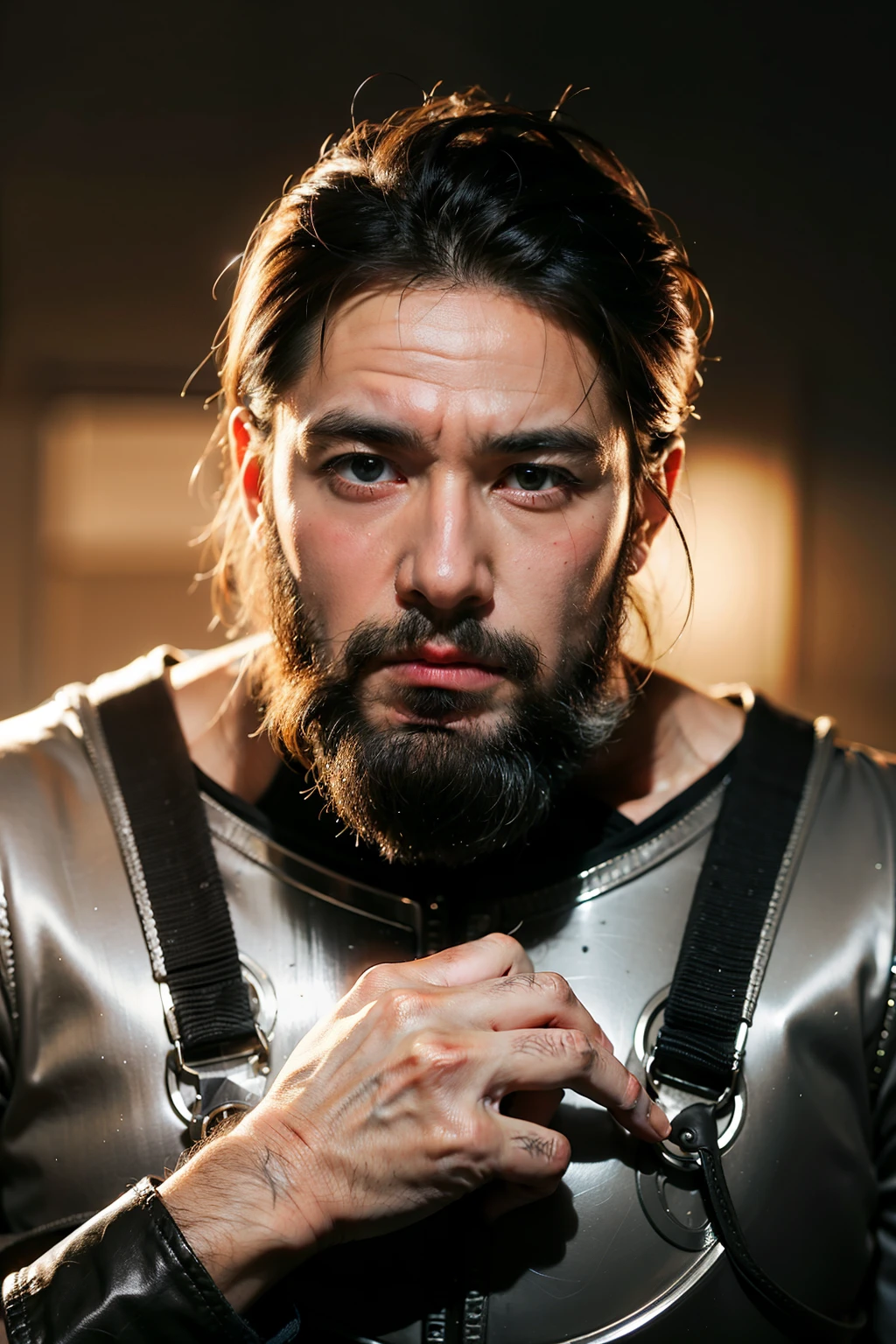 A righteous paladin，But my heart was corroded by evil thoughts，Middle-aged man，rough，strong，short hair，With beard，Humanity