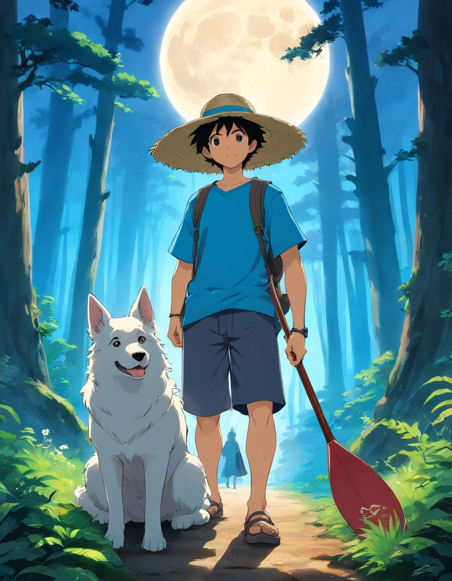 Homem, adventure hero, an oar is your weapon, wears a straw hat, usa bermuda preta, usa camiseta azul marinho,  very dark forest scenery, full moon in the sky, a white shepherd dog is your companion, are on their backs, olham para a lua
