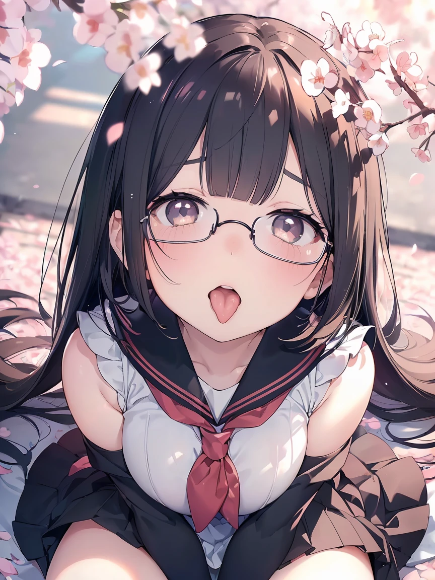 Very detailed, highest quality, High resolution, Moe Anime, ((Cute girl with black hair and droopy eyes)), ((Wearing large round glasses:1.4)), (Baby Face), Cute eyes, Detailed eye depiction, Sparkle in the eyes, View your viewers, Pale skin, (Big eyes:1.4, Droopy eyes:1.4, Fatty face:1.4), smile, Focus on the face, In the park with cherry blossoms falling, Sitting, (Extreme close up of tongue), (((From above))), Open your mouth, (((Face only:1.3))), ((Sleeveless sailor dress)), Bright Eyes, Light from the front, (Put your hands between your legs:1.4), (large and long tongue:1.1)