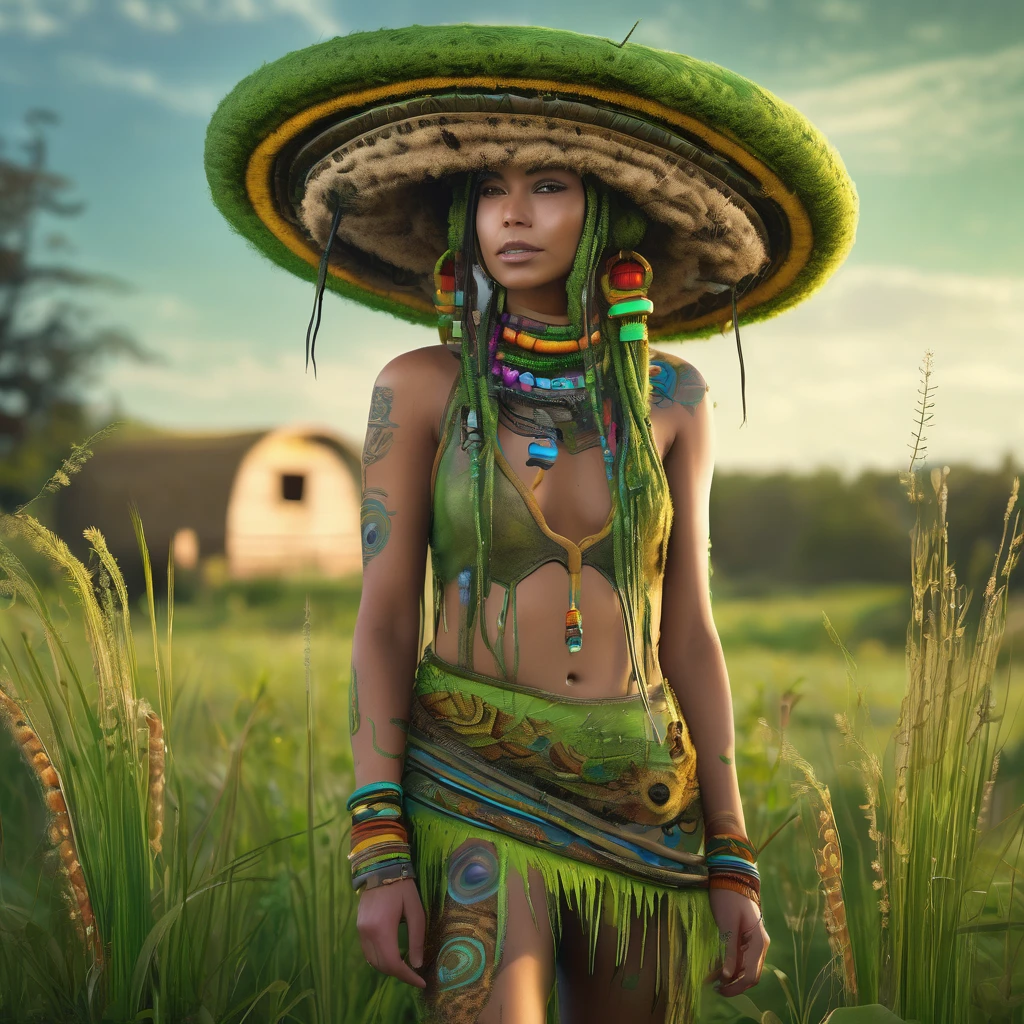 (best quality,4k,8k,highres,masterpiece:1.2),ultra-detailed,(realistic,photorealistic,photo-realistic:1.37),full body portrait of beautiful alien (light green skin, small cute antenna) native tribal woman in muddy primitive farm:1.2,(herding affectionate 3 foot tall 3 feet wide bioluminescent tentacle monsters)(primitive straw broad rim hat, colorful tribal belt, unclad, some tribal tattooing and intricate extensive body paint, breast curtains, confidence, big natural breast), (vivid colors, outdoors, green pastures). (head to toe, show all of her)(Safe for work)
