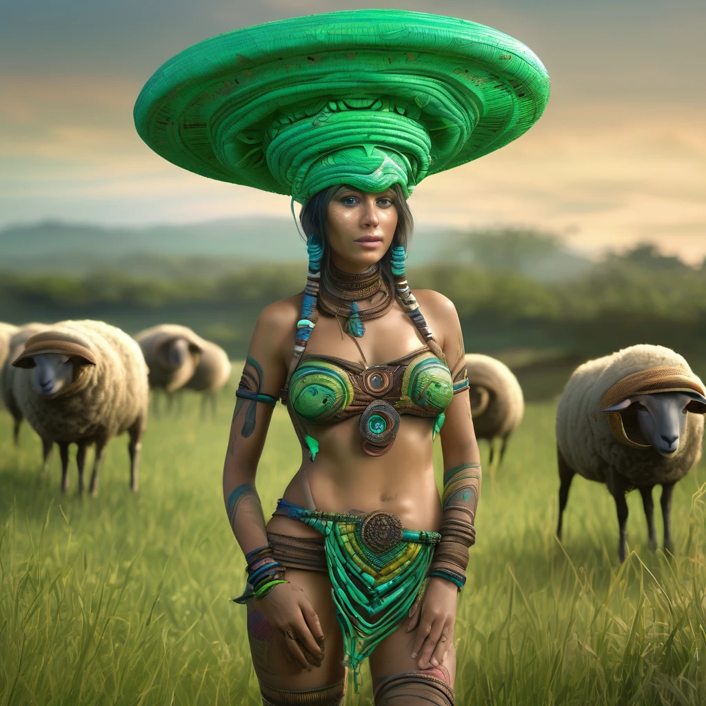 (best quality,4k,8k,highres,masterpiece:1.2),ultra-detailed,(realistic,photorealistic,photo-realistic:1.37),full body portrait of beautiful alien (light green skin, small cute antenna) native tribal woman in muddy primitive farm:1.2,(herding affectionate sheep sized bioluminescent tentacle monsters)(primitive straw broad rim hat, colorful tribal belt, unclad, some tribal tattooing and intricate extensive body paint, breast drapes, confidence, big natural breast), (vivid colors, outdoors, green pastures). (head to toe, show all of her)(Safe for work)
