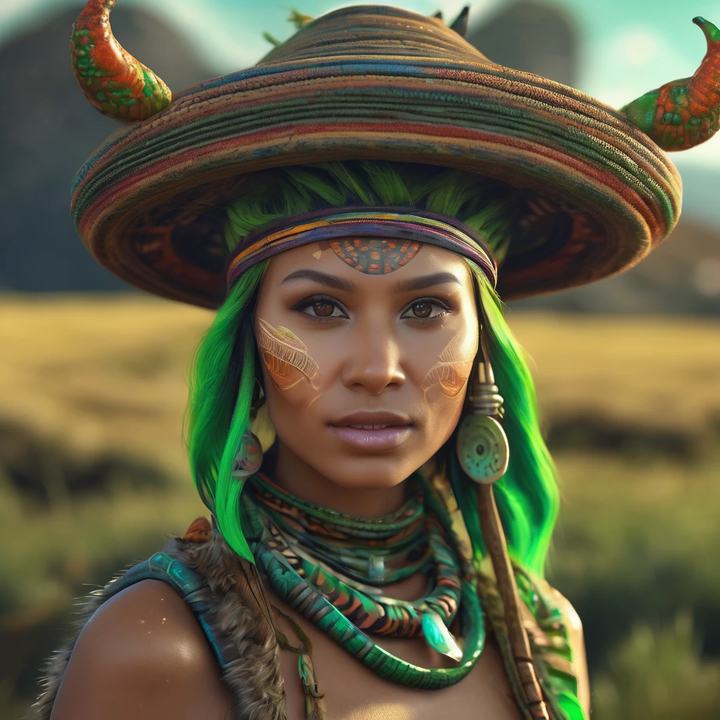 (best quality,4k,8k,highres,masterpiece:1.2),ultra-detailed,(realistic,photorealistic,photo-realistic:1.37),full body portrait of beautiful alien (light green skin, small cute antenna) native tribal woman in muddy primitive farm:1.2,(herding affectionate sheep sized bioluminescent tentacle monsters)(primitive straw broad rim hat, colorful tribal belt, unclad, some tribal tattooing and body paint, confidence, big natural breast), (vivid colors, outdoors, green pastures). (head to toe, show all of her0