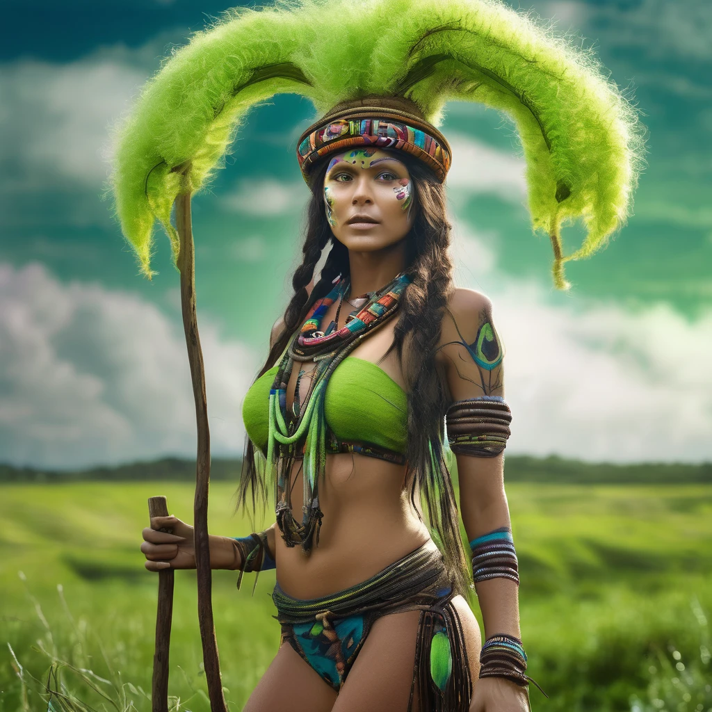 (best quality,4k,8k,highres,masterpiece:1.2),ultra-detailed,(realistic,photorealistic,photo-realistic:1.37),full body portrait of beautiful alien (light green skin, small cute antenna) native tribal woman in muddy primitive farm:1.2,(herding affectionate sheep sized bioluminescent tentacle monsters)(primitive straw broad rim hat, colorful tribal belt, unclad, some tribal tattooing and body paint, confidence, big natural breast), (vivid colors, outdoors, green pastures). (head to toe, show all of her0