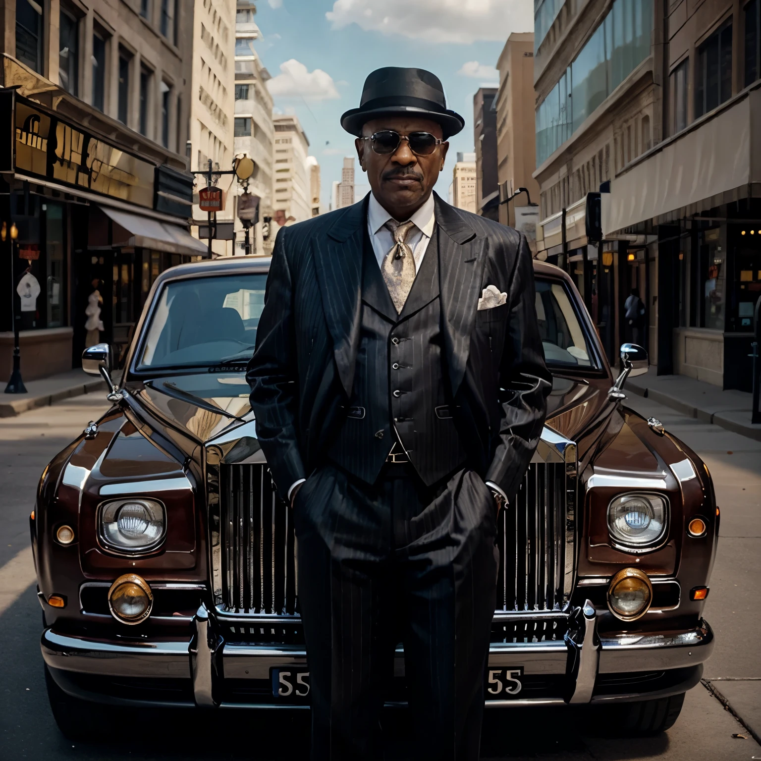 A oil painting of a Pimp in Chicago in front of a rolls Royce with a pinstripe suit and a cane smoking a cigar surrounded by his hoes like a old blaxploitation movie poster