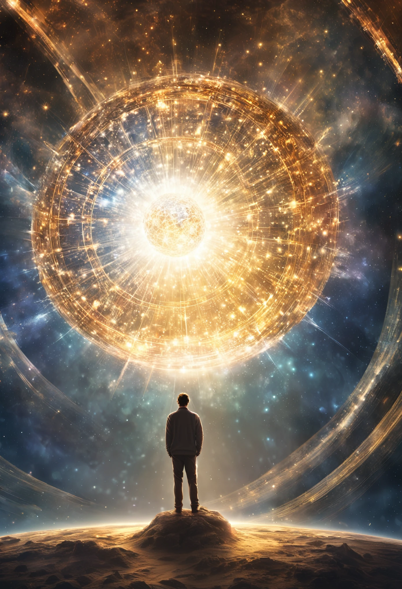 particles in the air, god rays, stars in the background, intricate fractals, detailed, (illustration), masterpiece, high resolution, best quality, Man at edge of creation of the universe, A giant mirror crystal sphere floating in space, flickering lights,