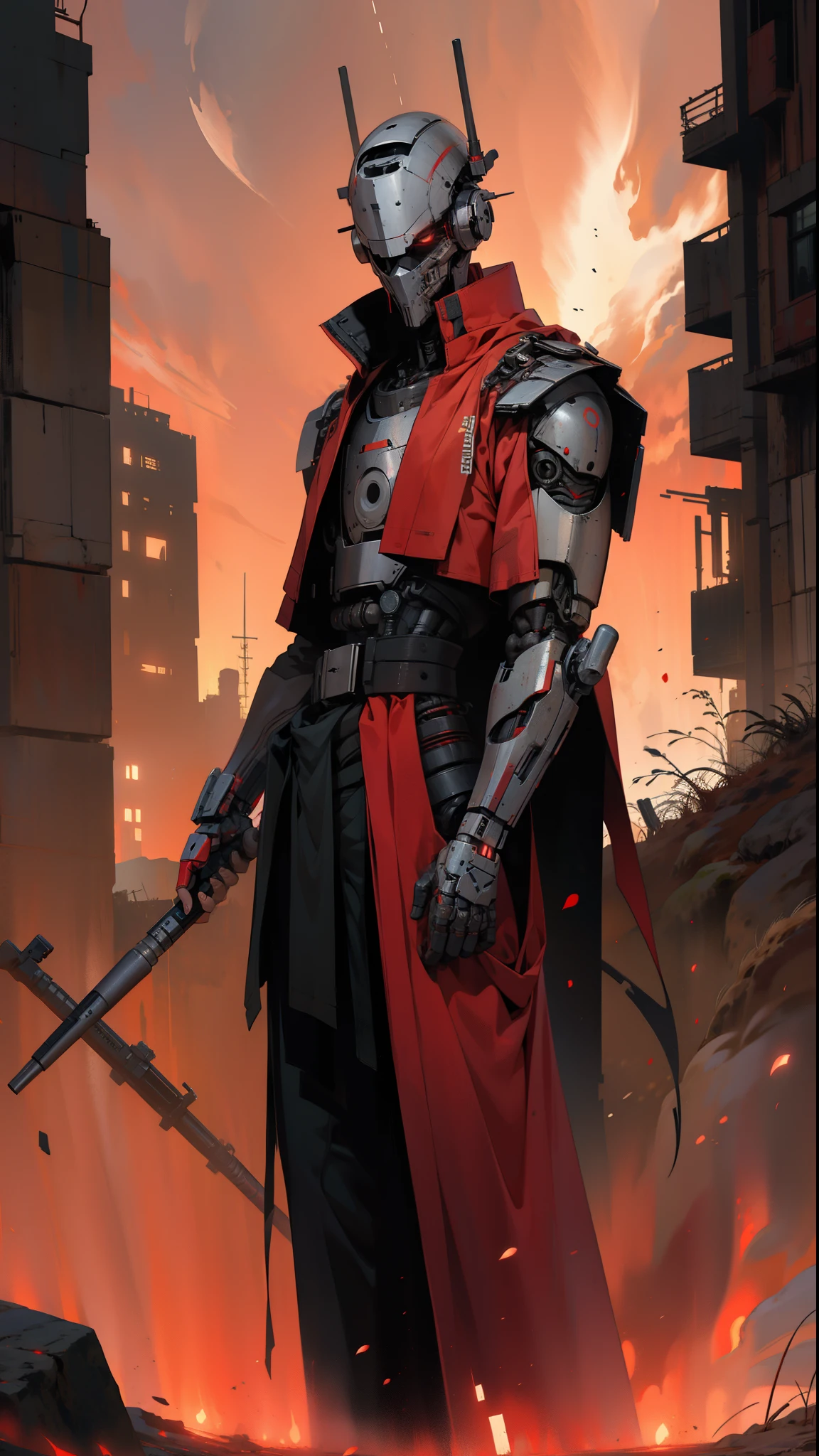 derpd, lethal cyborg assassin wearing robes armor, danger, red sky,post apocalypse
