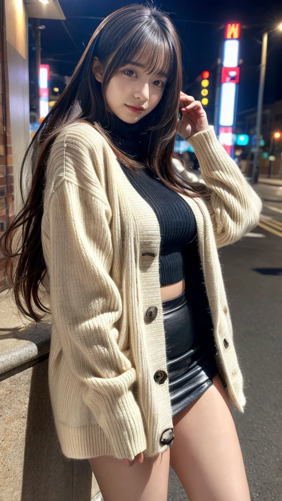 muste piece, best quality, illustration, Super detailed, fine details, High resolution, 8K,wall paper, perfect dynamic composition,(Details High quality, realistic depiction of eyes:1.3), (Fashionable, Winter coat, sweater), large breasts, black hair color, bold sexy pose, Big Natural Color Lip, bitch, Harajuku style、20 year old girl、cute type、lolita、beautiful legs, night club, at midnight, Gravure Idol