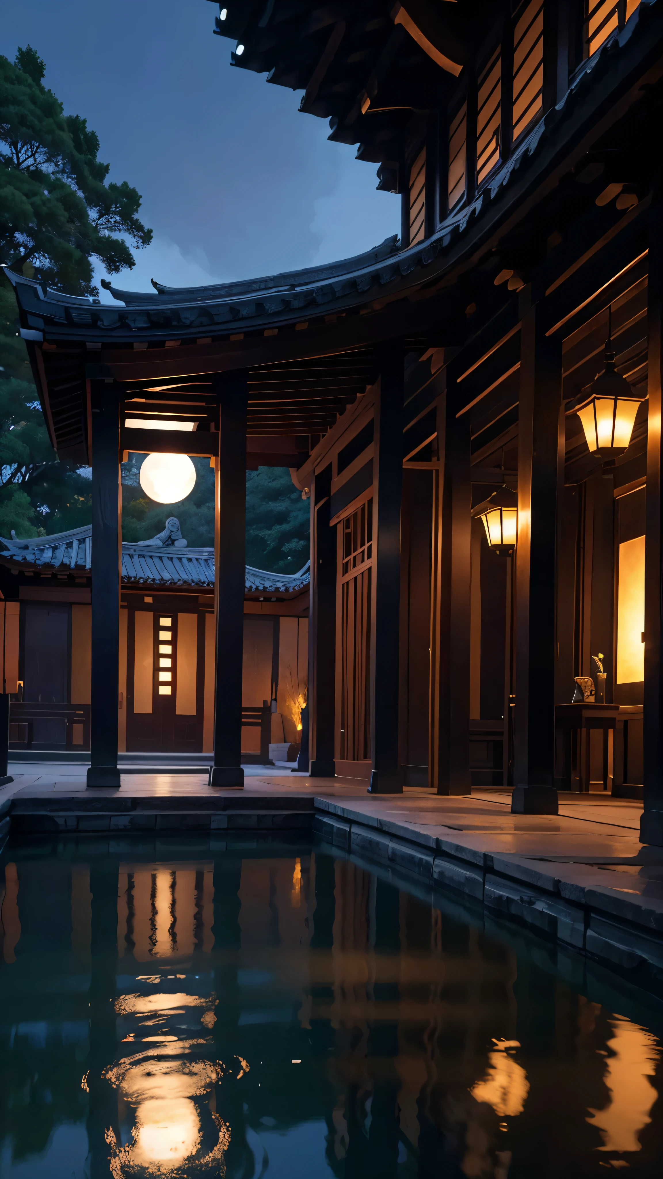 with high definition images,Ancient Chinese architecture enveloped in the silence of midnight、A hall with a tranquil garden as a backdrop々Standing there。The full moon is、A meticulously crafted building、Its intricate design、And the soft moonlight casts a gentle glow on the precise lines.。In the foreground、A stone bridge spans the crystal clear lake.、Its reflection sparkles under the moon's gaze。Bamboo stalks swaying in the night breeze、A tall silhouette of a dark tree in the distance々In contrast to。The sound of running water can be heard in the background.、Plays a soothing melody