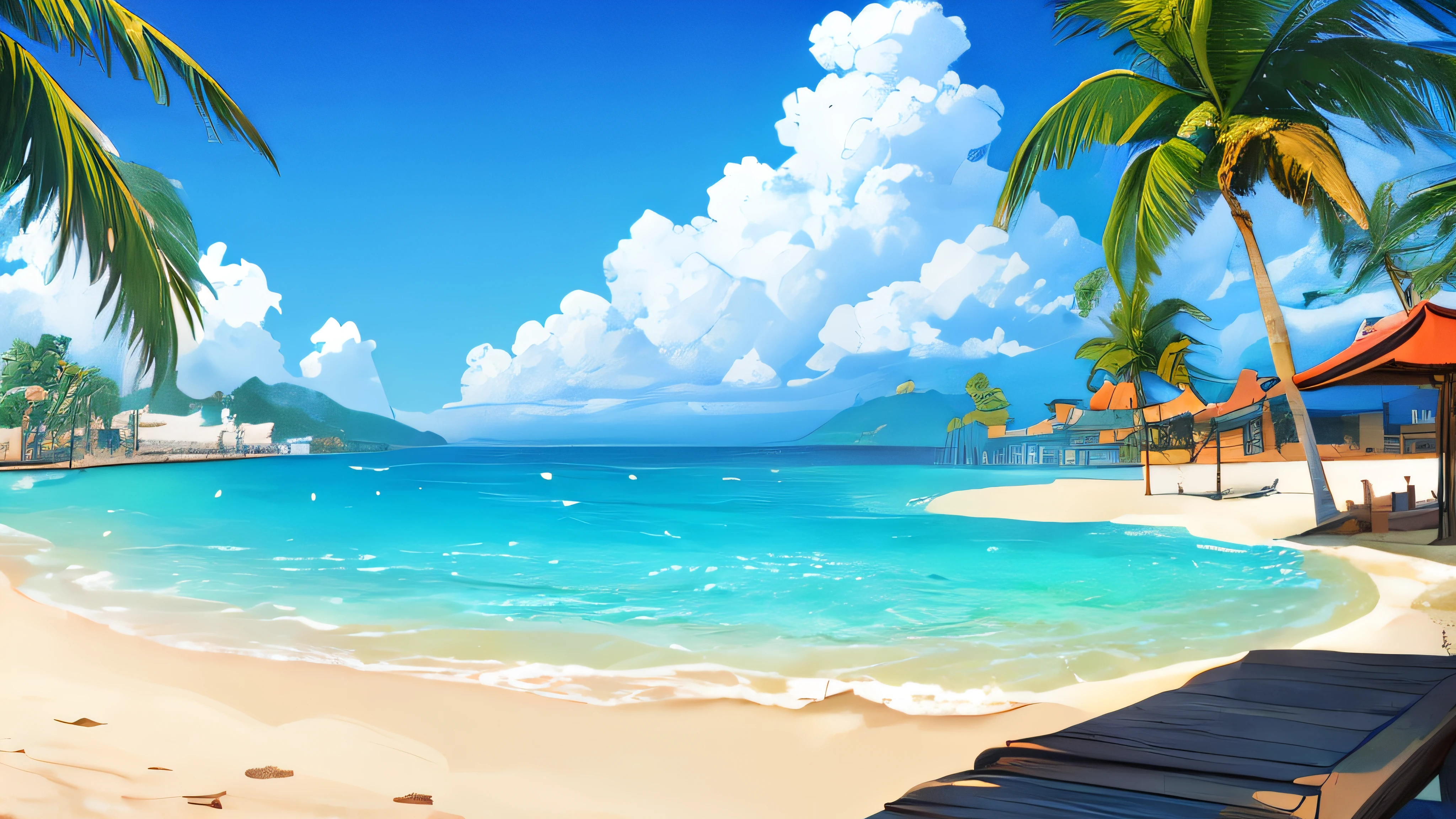 (masterpiece:1.2,highest quality),tropical seaside,Beach,Palm tree,hibiscus,((Ghibli style)),8k resolution