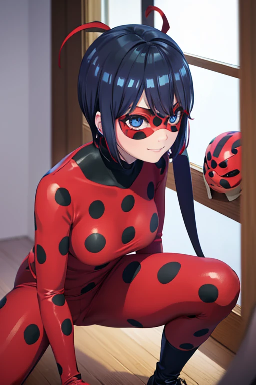 smile, looking at viewer, window, light smile, (intricately detailed, hyper detailed), (best quality, Ultra high detail), blurry background,depth of field, best quality, masterpiece, intricate details, tonemapping, sharp focus, hyper detailed,1 girl, high res,facing viewer, official art, ballroom, 1girl,ladybug,tomoe tsurugi, short hair, black-blue hair,red suit, red mask, black lower arm, black lower leg, kagami,Kagami Tsurugi, black handwear, black gloves, black footwear, black boots, Nino nakano,ladybug,Female, Short black hair with blue reflections, bright bluebell eyes, red jumpsuit with black spots and a black collar, red mask with 5 black spots, red earrings with 5 black spots, red hair ribbon on hair, white skin