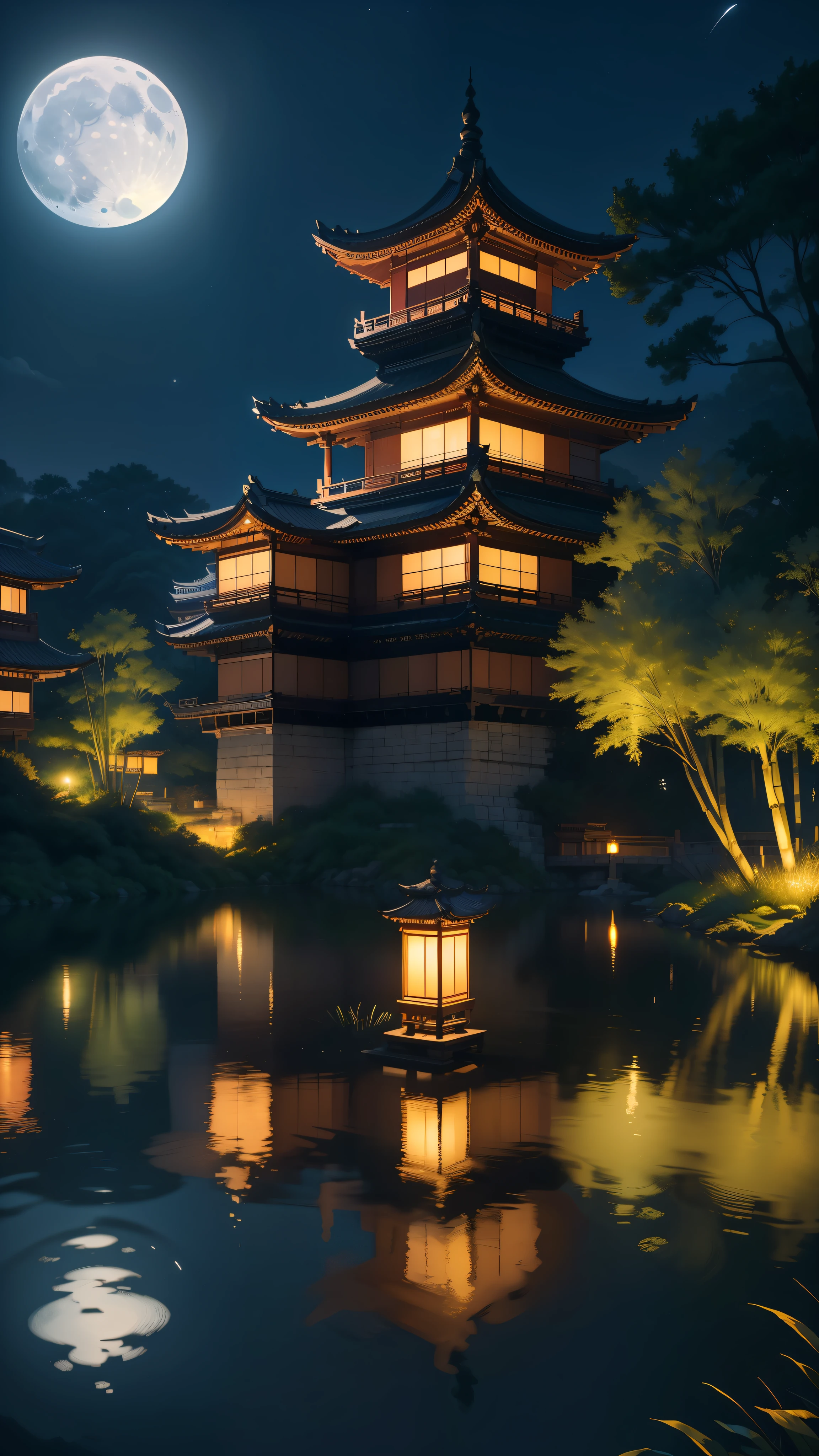 Ancient Chinese architecture, shrouded in the stillness of midnight, stands majestically against the backdrop of a tranquil garden. The full moon casts a gentle glow over the meticulously crafted buildings, their intricate designs and precise lines illuminated in the soft lunar light. In the foreground, a stone bridge arches gracefully over a crystal-clear lake, its reflection shimmering beneath the moon's gaze. Bamboo stalks sway gently in the night breeze, their tall silhouettes contrasting against the darkened trees in the distance. The sound of running water can be heard in the background, adding a calming melody to the serene scene.

A