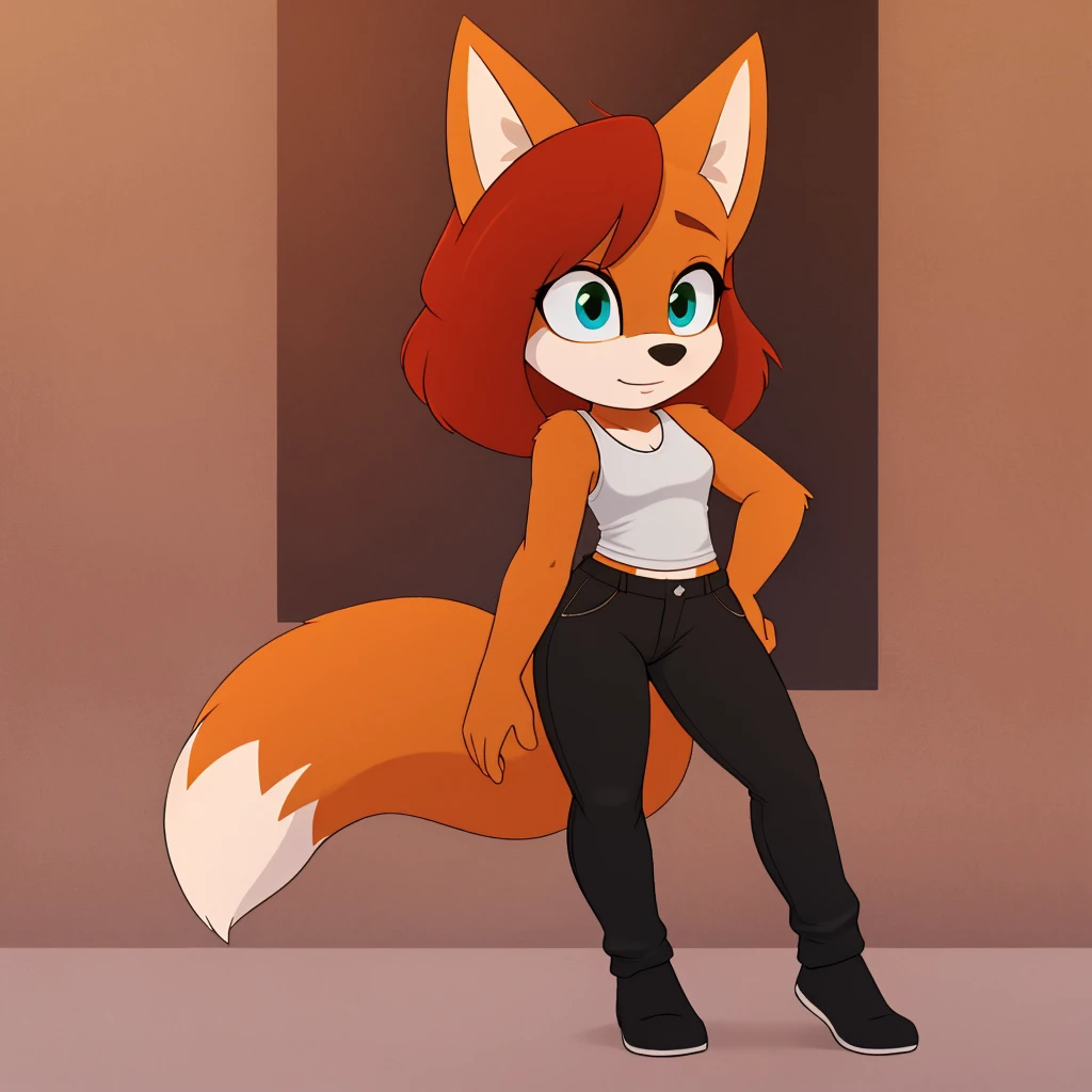 furry female, green eyes, black pants, short hair, sleeveless shirt, red hair, bangs, orange fur, blue eyes, fox mobian, toned, white shirt, black pants