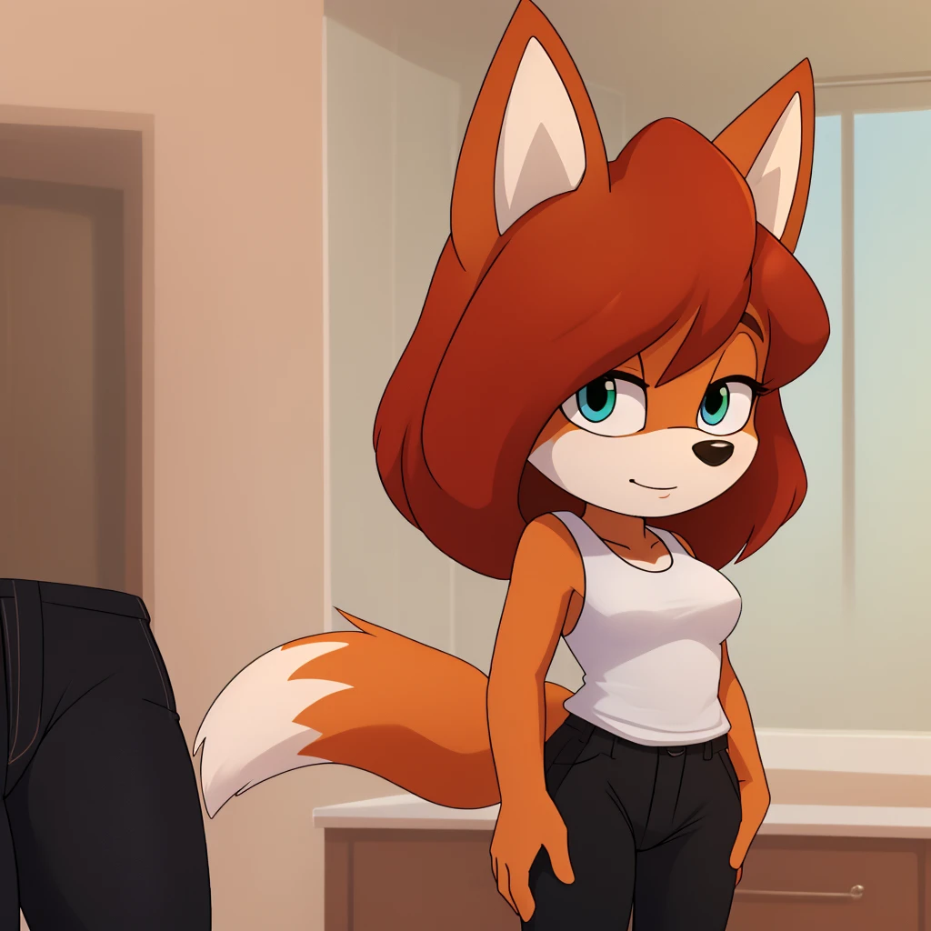 furry female, green eyes, black pants, short hair, sleeveless shirt, red hair, bangs, orange fur, blue eyes, fox mobian, toned, white shirt, black pants