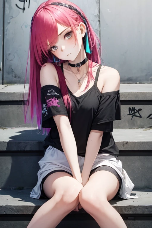 1girl, Wear casual clothes with bare shoulders, accessories, choker, (graffiti:1.2), staircase, looking at viewer, armband, head tilt, blush, multicolored hair, (from below, sensual sitting pose, full shot), (stylized:1.1), (Highly detailed), (high resolution), (Best quality), (masterpiece)
