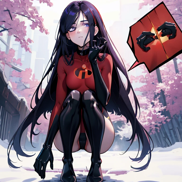 (full body),masterpiece, highest quality, One girl, Violet Par,  Blue eyes，Long Hair, Black Hair,  Hair on one eye,  (Red hero suit)，Red bodysuit，black elbow gloves，Black Thigh Boots，Thick thighs，Place one hand on hip，Squat，Spread your legs，View your viewers, Face to endure humiliation, Simple Background 