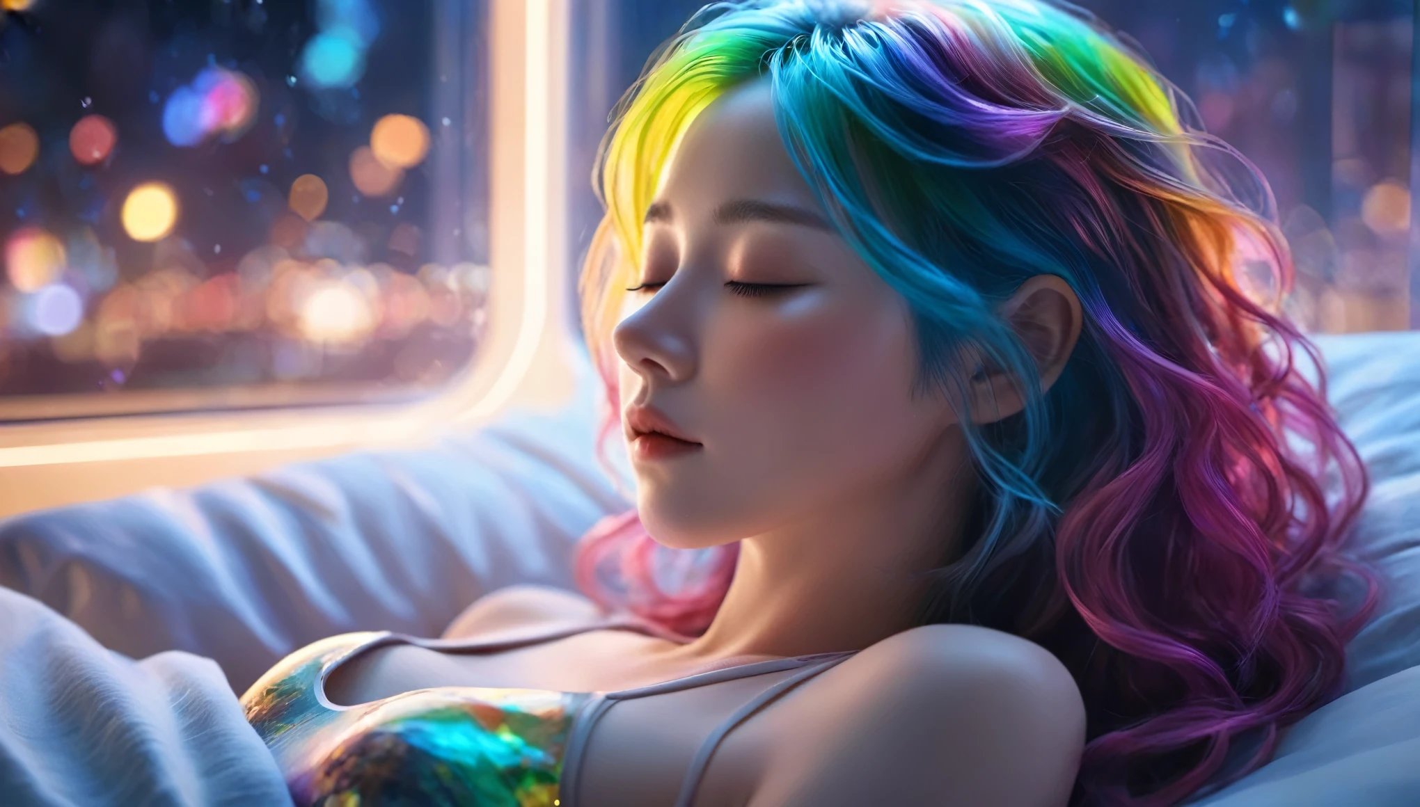 (best quality,8k,ultra-detailed:1.2),(CG,CG art,3D rendering),(masterpiece:1.2),(movie lighting,futuristic),(woman lying in bed,sleeping,closed eyes),(large window behind her,tranquil night),(colorful hair:1.5)