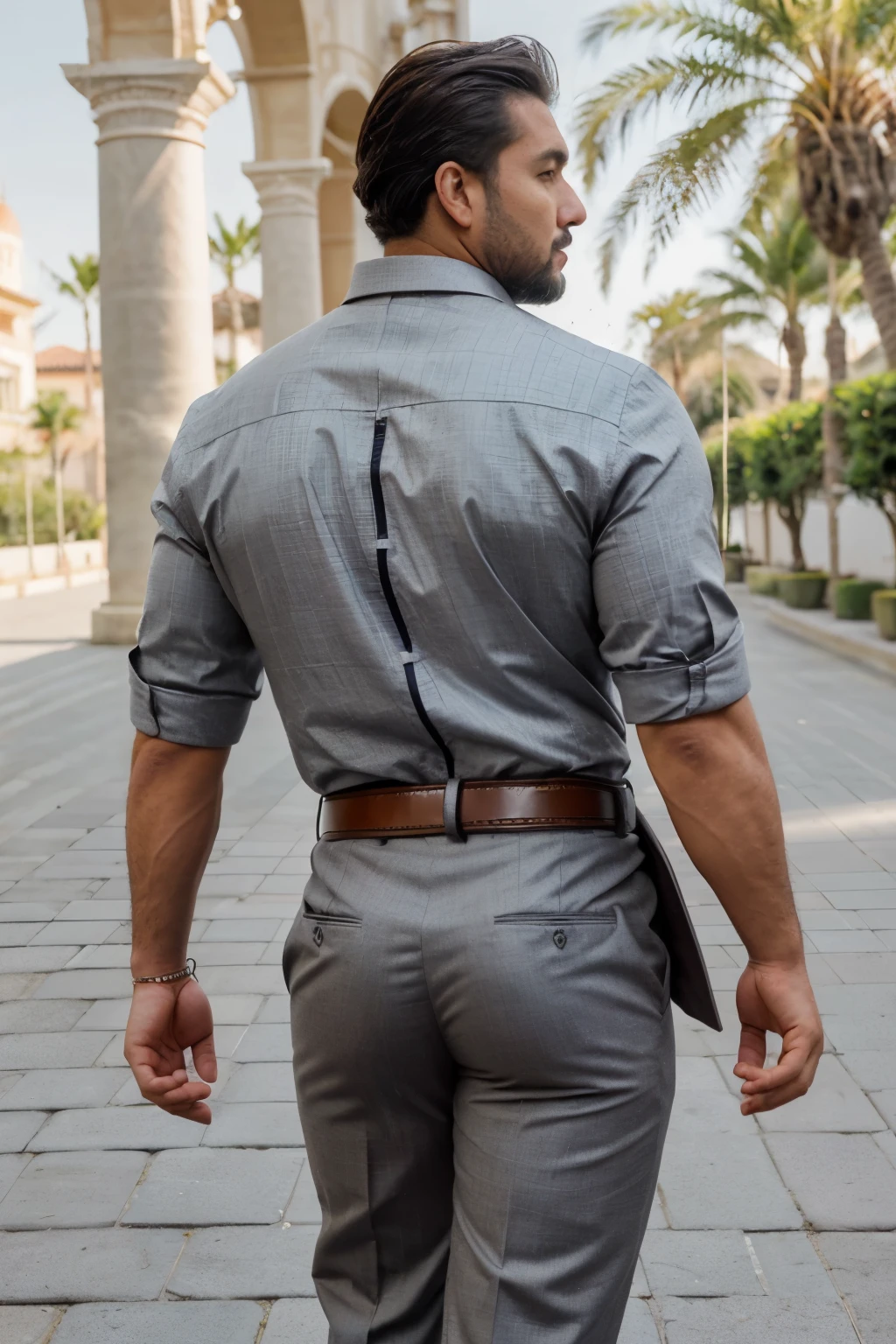 Rogelio Martínez, hombre barbudo y musculoso, muy guapo y varonil, intrincado, elegant, Sharp focus, foto de greg rutkowski, Soft lighting, Colores vibrantes, Obra maestra, ((calles)), cuerpo completo, gray formal pants, fajado, brown belt, backside 