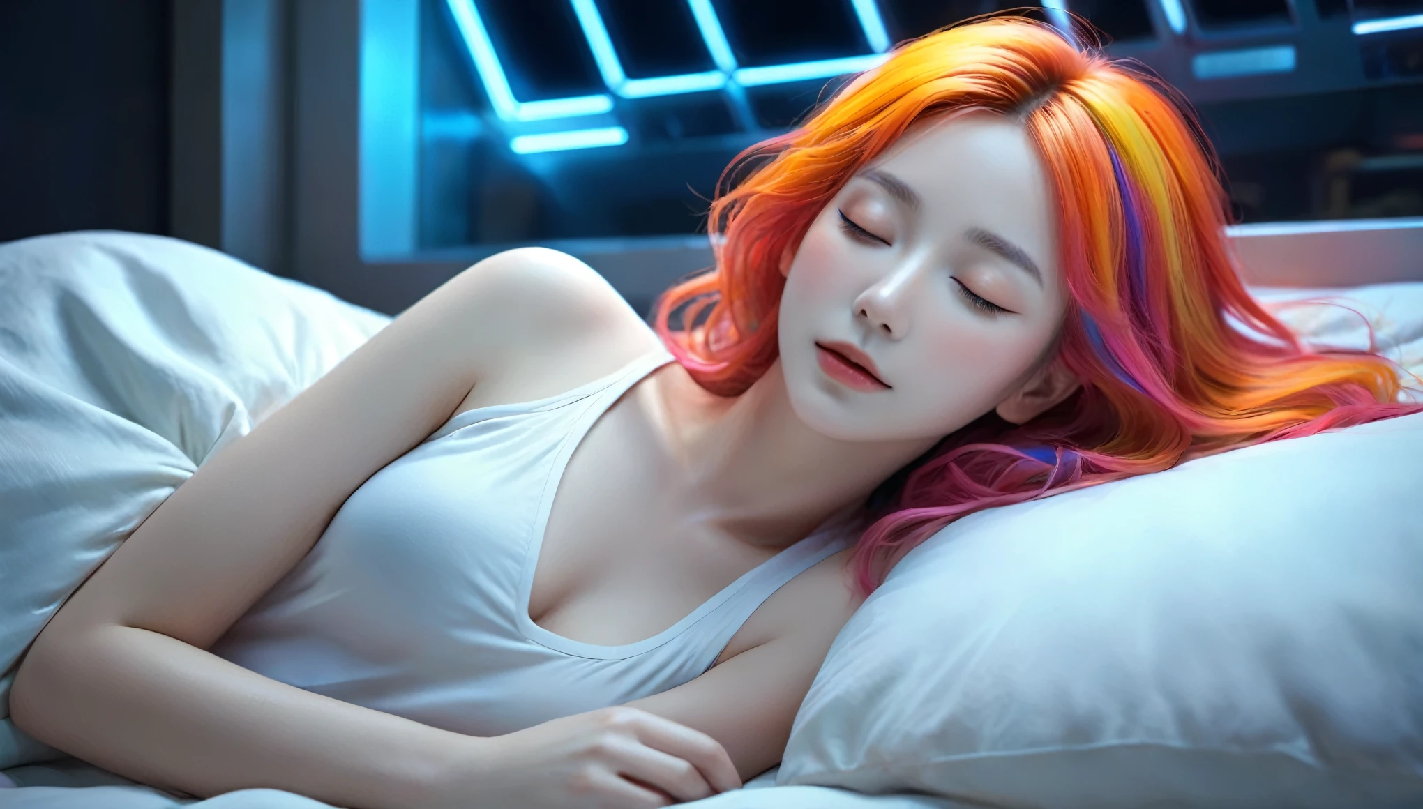 (best quality,8k,ultra-detailed:1.2),(CG,CG art,3D rendering),(masterpiece:1.2),(movie lighting,futuristic),(woman lying in bed,sleeping,closed eyes),(large window behind her,tranquil night),(colorful hair:1.5)