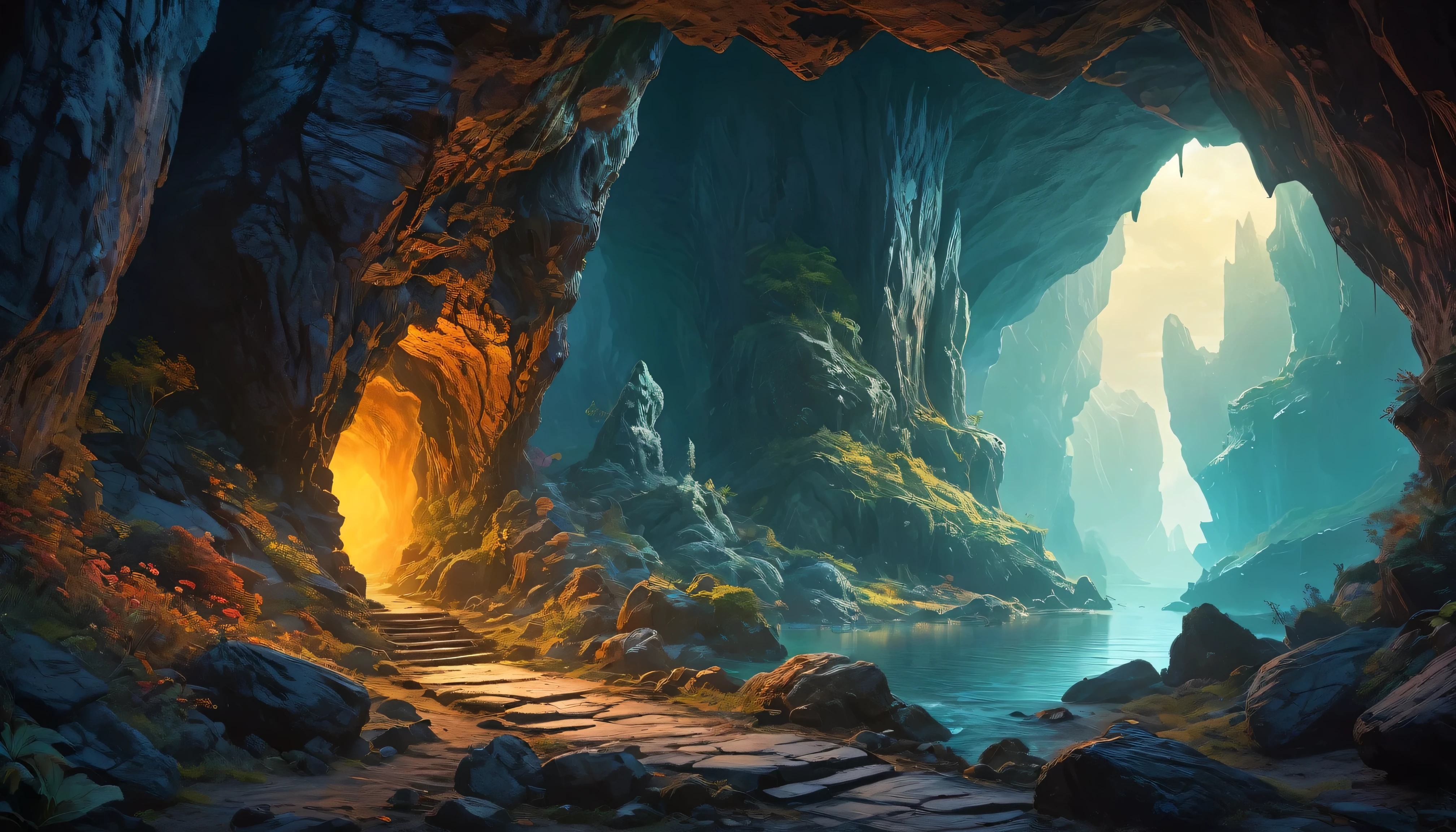 (by Greg Rutkowski: 1.2), (masterpiece), (best quality), extremely delicate and beautiful, illustration, vibrant colors, (fantasy landscape), A mesmerizing fantasy with enchanting elements blending seamlessly. (an entrance to a monster liar, rocky cave, haunting atmosphere, mysterious, dark hue, bones scattered). 8K post-production, high resolution, hyperdetailed, depth of field, HDR, intricate