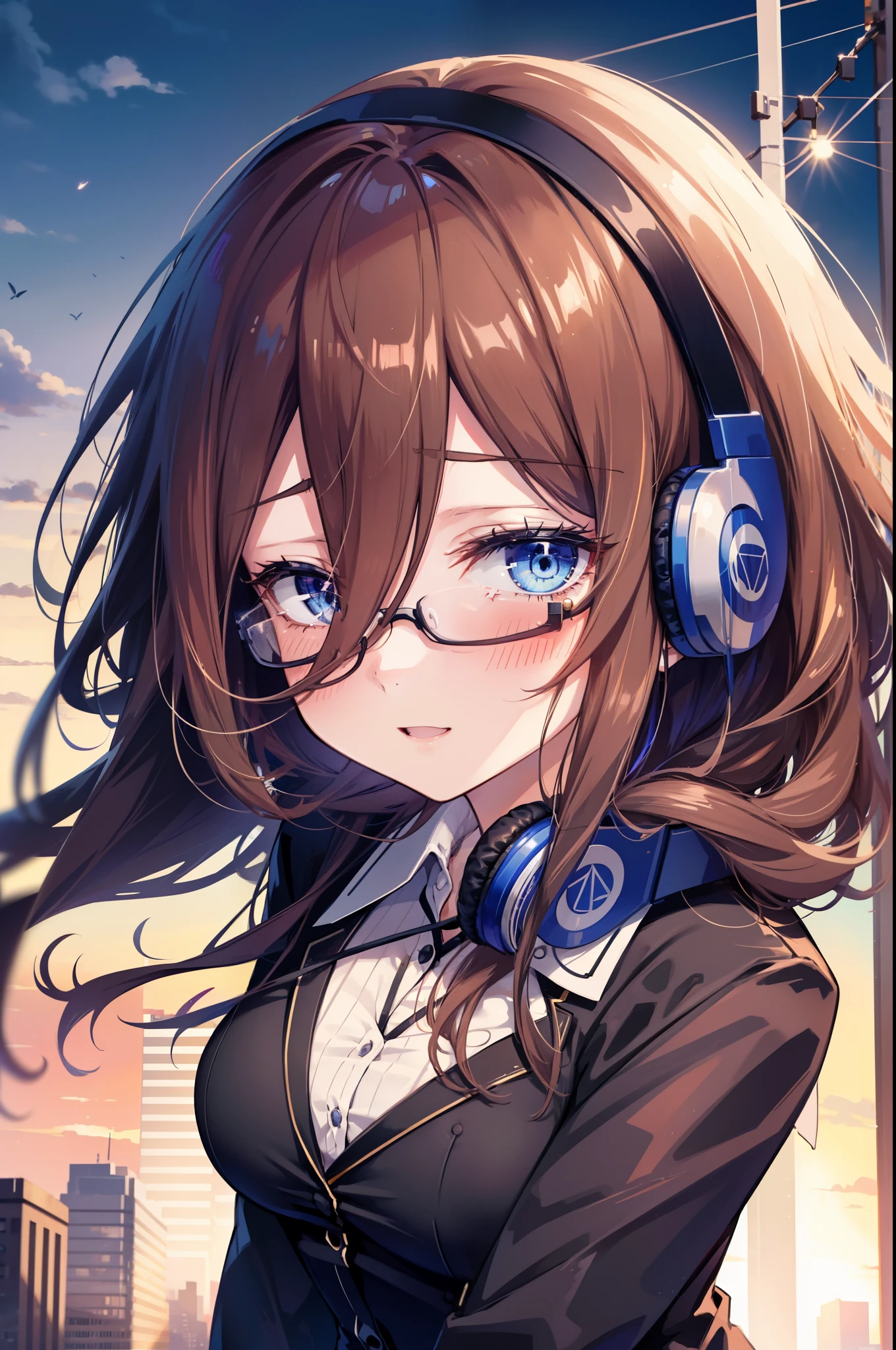 Miku Nakano, Miku Nakano, Long Hair, bangs, blue eyes, Brown Hair,,Blue Hairband ,Hair between the eyes, happy smile, smile, Open your mouth,Headphones around the neck,OL, Akagi glasses, Black suit jacket, Collared jacket, White dress shirt, Collared shirt, Neckline, button, Black pencil skirt, Black pantyhose,Stiletto heels,So that the whole body goes into the illustration,sunset,evening,The sun is setting, Looking up from below,
break outdoors, city,Building district,
break looking at viewer, (Cowboy Shot:1. 5)
break (masterpiece:1.2), highest quality, High resolution, unity 8k wallpaper, (shape:0.8), (Beautiful details:1.6), Highly detailed face, Perfect lighting, Extremely detailed CG, (Perfect hands, Perfect Anatomy),