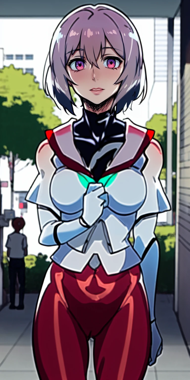 animetoreal,soft light, masterpiece, best quality,high quality,delicate face, realistic,photorealistic,1girl, Ayanami Rei,white bodysuit,red eyes,pilot suit,short hair,blue hair,bangs,interface headset,turtleneck,hair between eyes