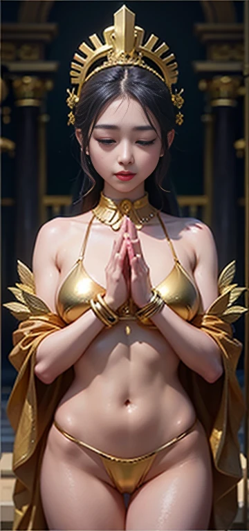 girl、（Gold embellished micro bikini）Delicate hands、Delicate feet、Body Anatomy、Golden Greek Temple、sexy、祈るgirl、（Eyes closed）（Gold Micro Bikini）、