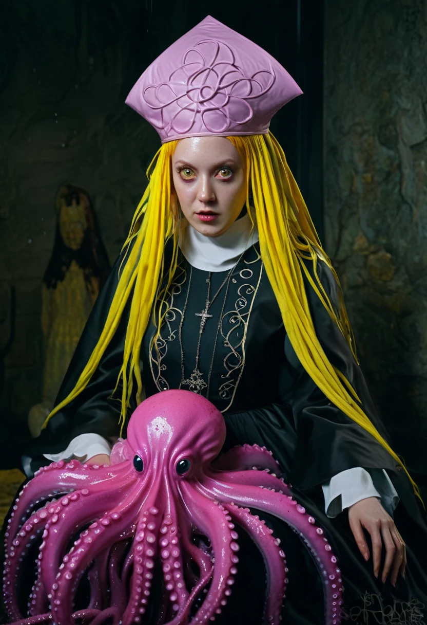 8K, ARTISTIC photogrAphy, best quAlity, mAsterpiece: 1.2), A (potrAit:1.2) witch BLOOD Toon Doll Cthulhu nun QUEEN, EYES, PINK many octopus style tentacles, full body RAW candid cinema, yellow hair, 16mm, color graded portra 400 film, remarkable color, ultra realistic, sad admosphere, dark lighting, oppressive atmosphere, depressive colors, kodak portra 400, photograph,r, Natural Light, Pinhead lighgts, blur reflection, Brush Strokes, Smooth, abstract, Splatter, Oil On Canvas, rainbow colors, fractal isometrics details bioluminescens : a stunning realistic photograph of wet bone structure, 3d render, octane render, intricately detailed, titanium decorative headdress, cinematic, trending on artstation | Isometric | Centered
