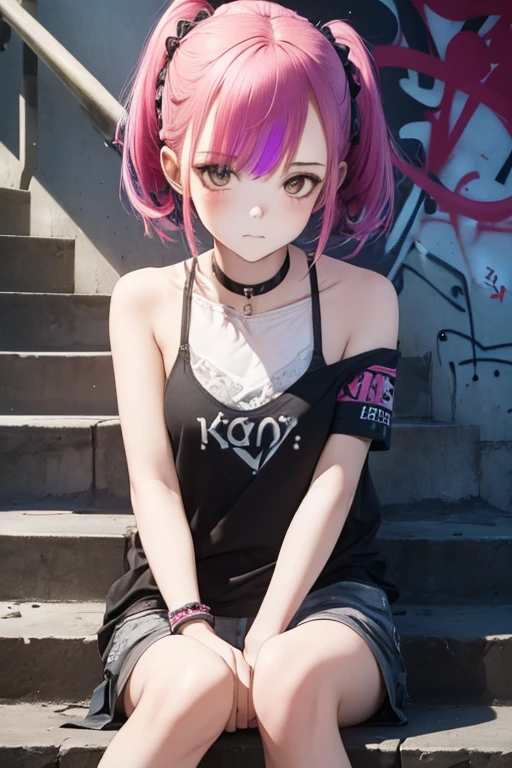 1girl, Wear casual clothes with bare shoulders, accessories, choker, (graffiti:1.2), staircase, looking at viewer, armband, blush, multicolored hair, (from below, sensual sitting pose, full shot), (stylized:1.1), (Highly detailed), (high resolution), (Best quality), (masterpiece)